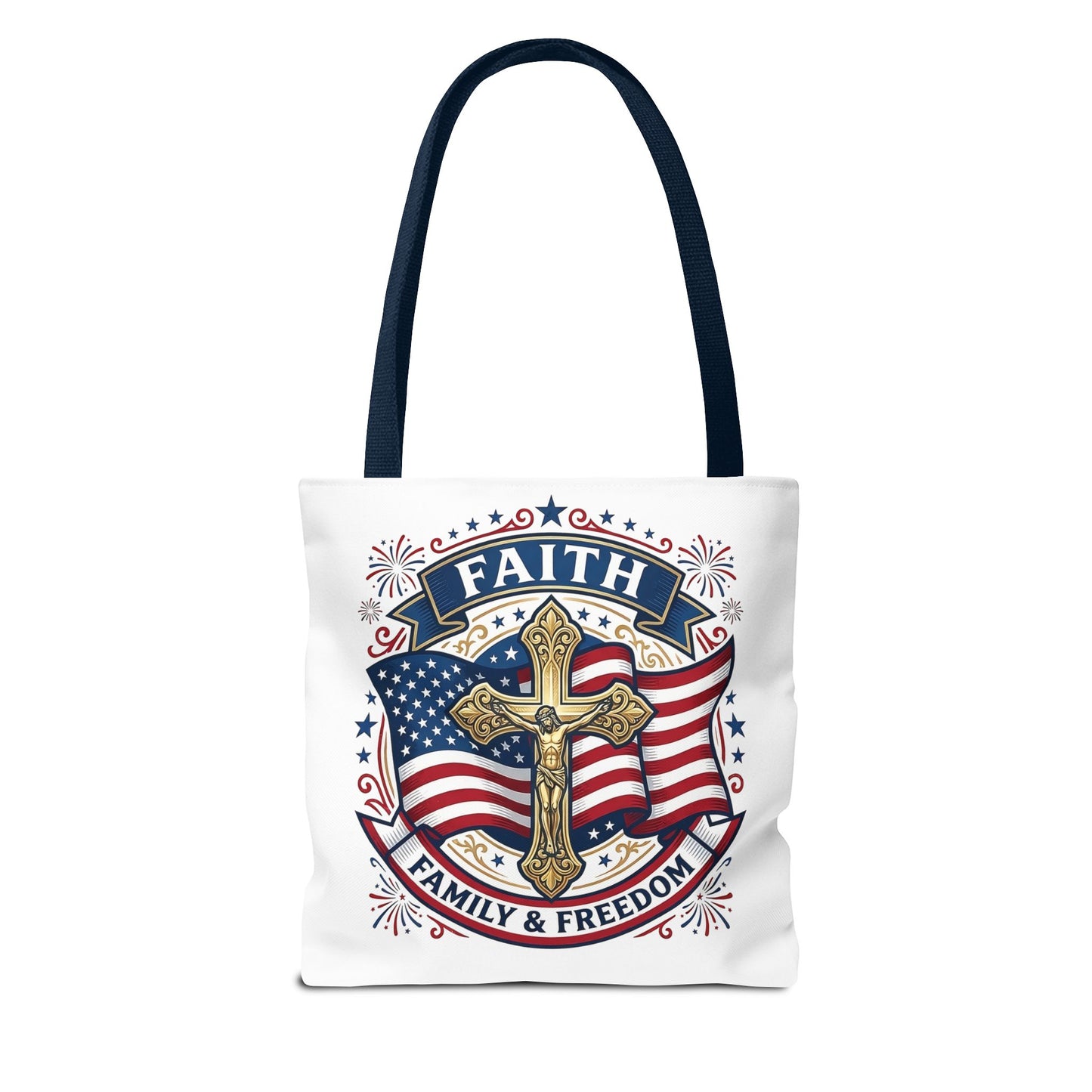 Faith, Family & Freedom Tote Bag — Patriotic Cross American Flag Tote (USA 250th)