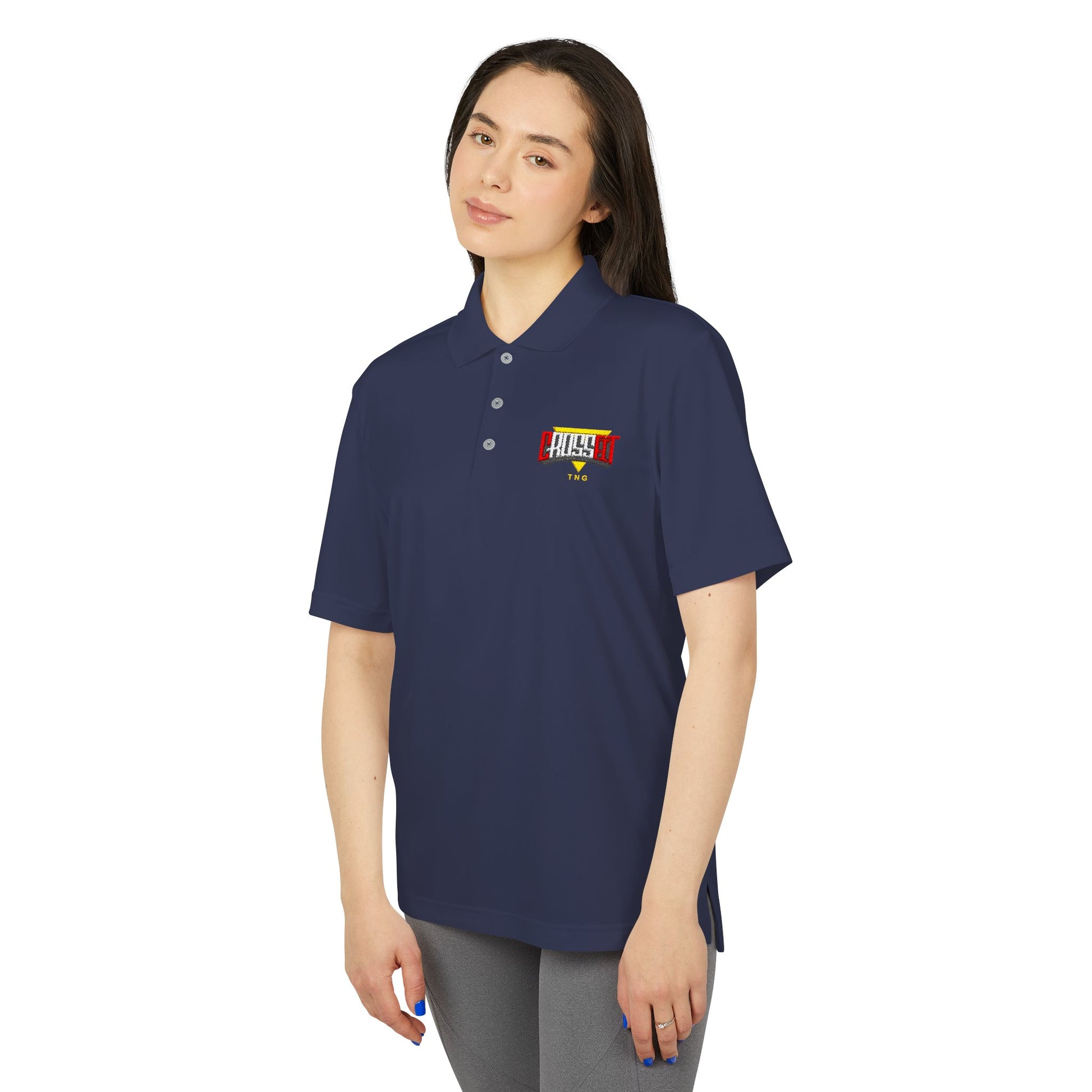 Adidas Sports Polo Shirt for CrossFit Enthusiasts, Woman wearing a navy blue polo shirt with a logo on a white background