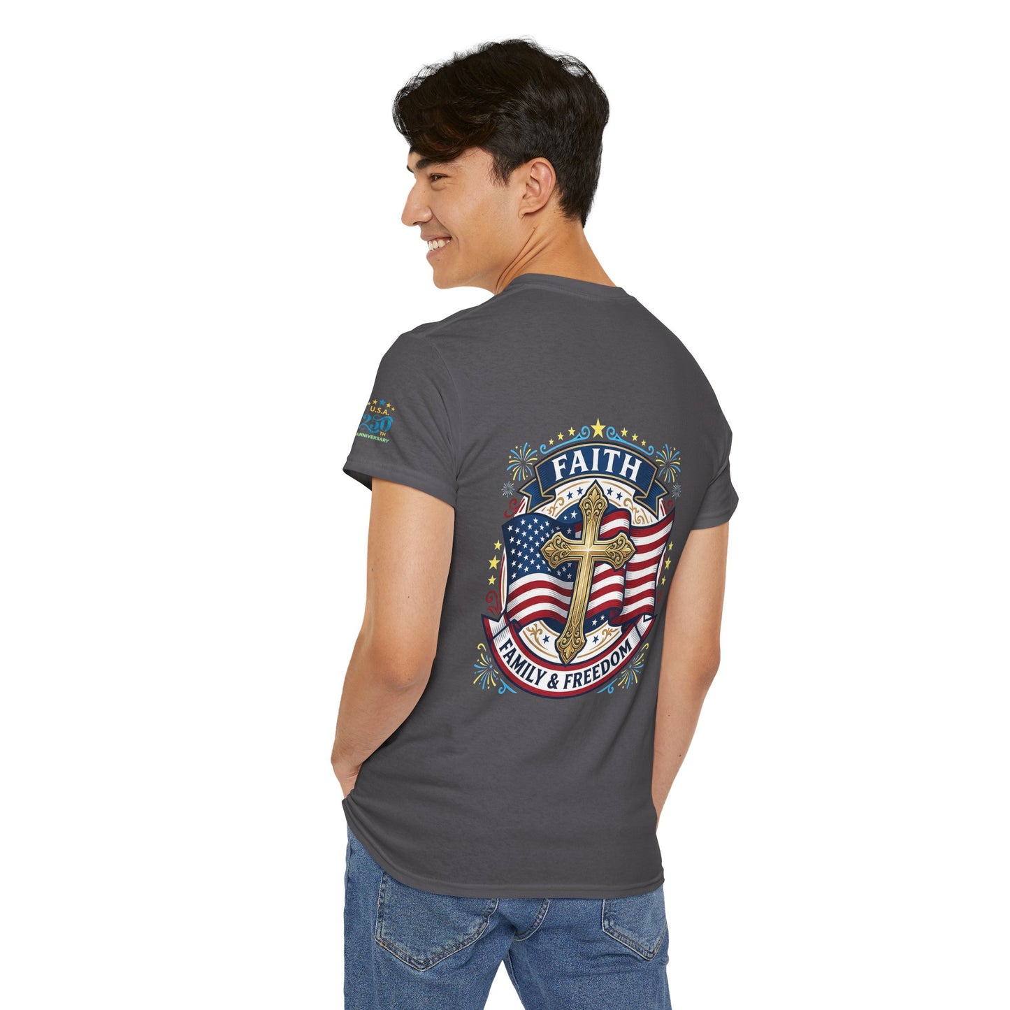 Faith, Family & Freedom T-Shirt — American Flag Cross Patriotic Tee (USA 250th)