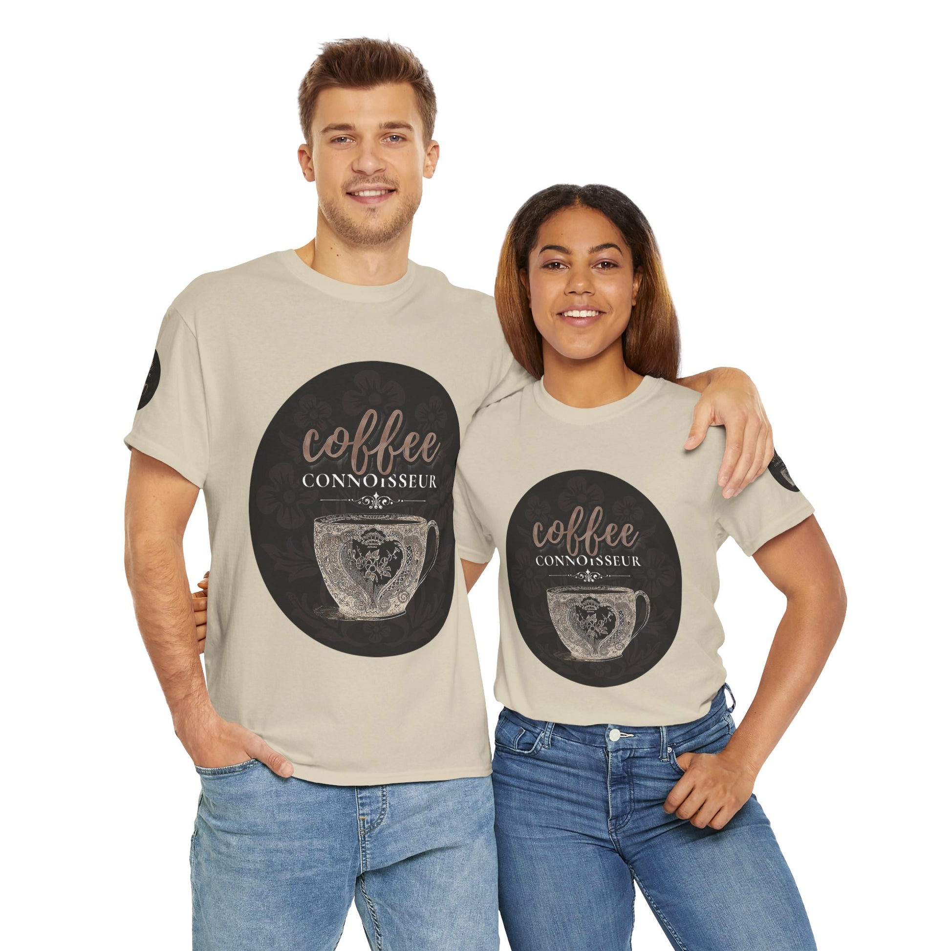COFFEE LOVERS COTTON TEES For Connoisseurs, Two people wearing matching t-shirts with 'coffee connoisseur' design on a white background