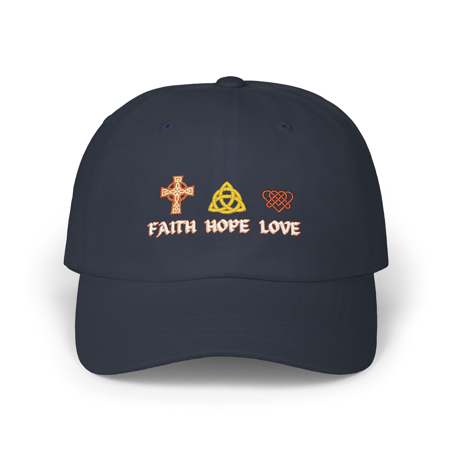 Celtic Faith Hope Love Cap — Embroidered Celtic Christian Symbols Baseball Cap (EM)