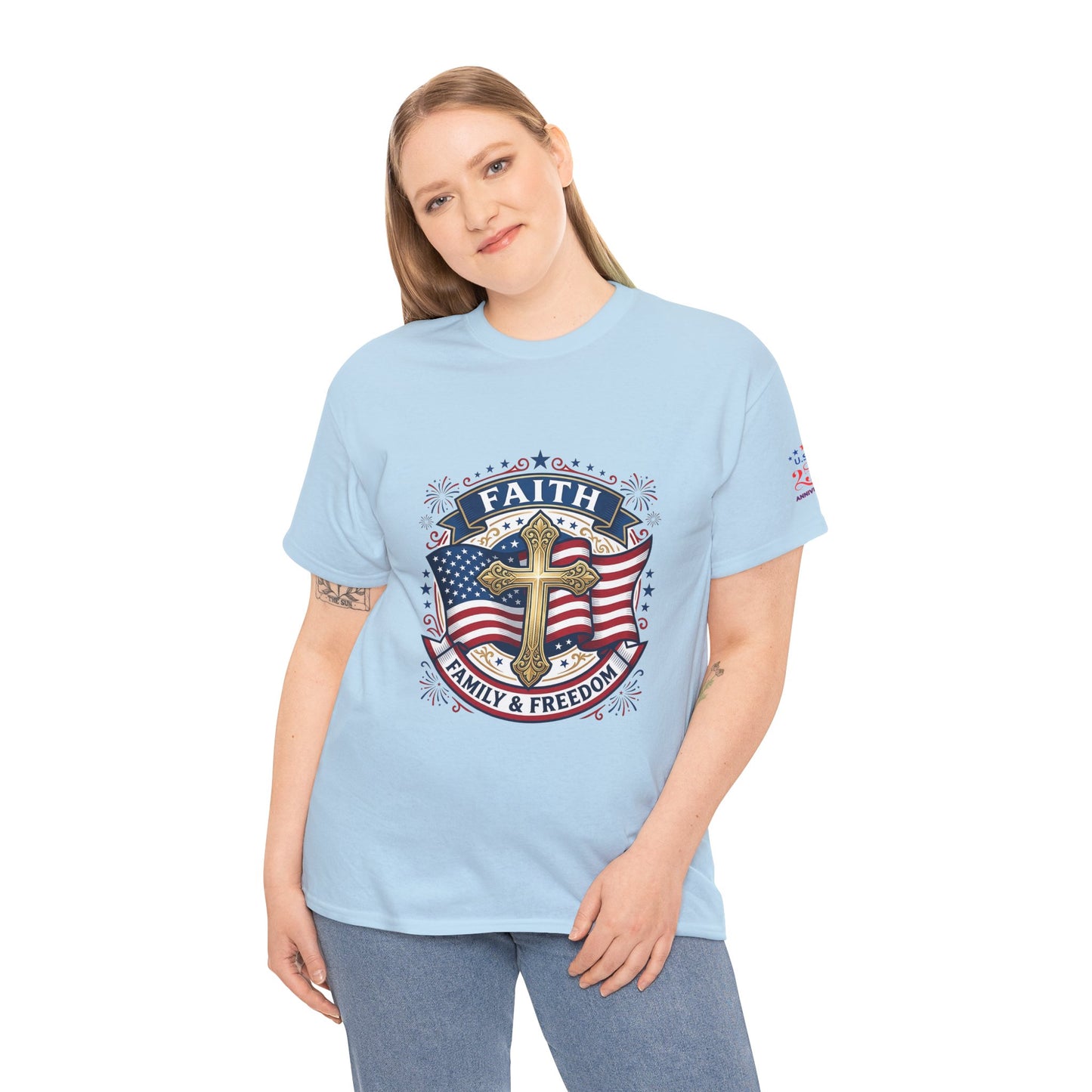 Faith, Family & Freedom Tee (USA 250th) — Patriotic Cross American Flag T-Shirt