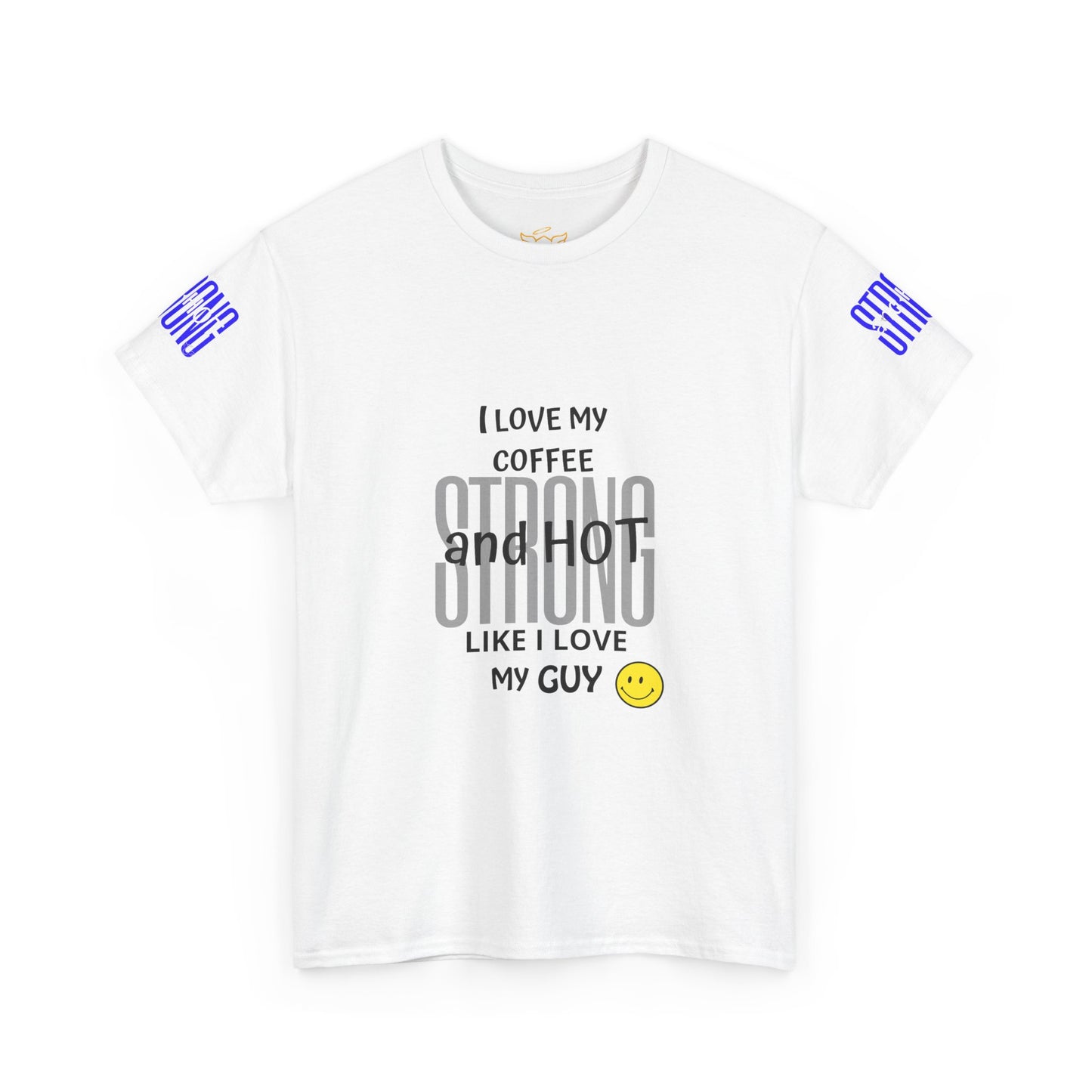 Coffee Lover Heavy Cotton Tee - I Love My Coffee Strong and Hot, White t-shirt with text and smiley face on a white background