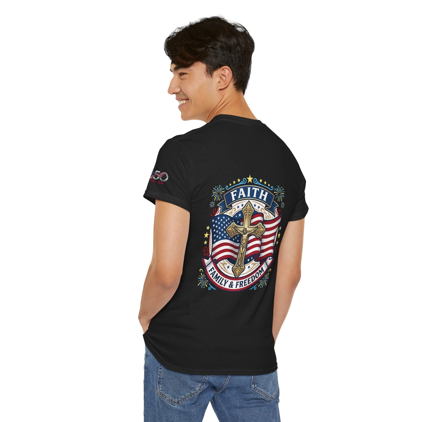 Catholic Faith Family & Freedom T-Shirt — American Flag Cross Patriotic T-shirt (USA 250th)