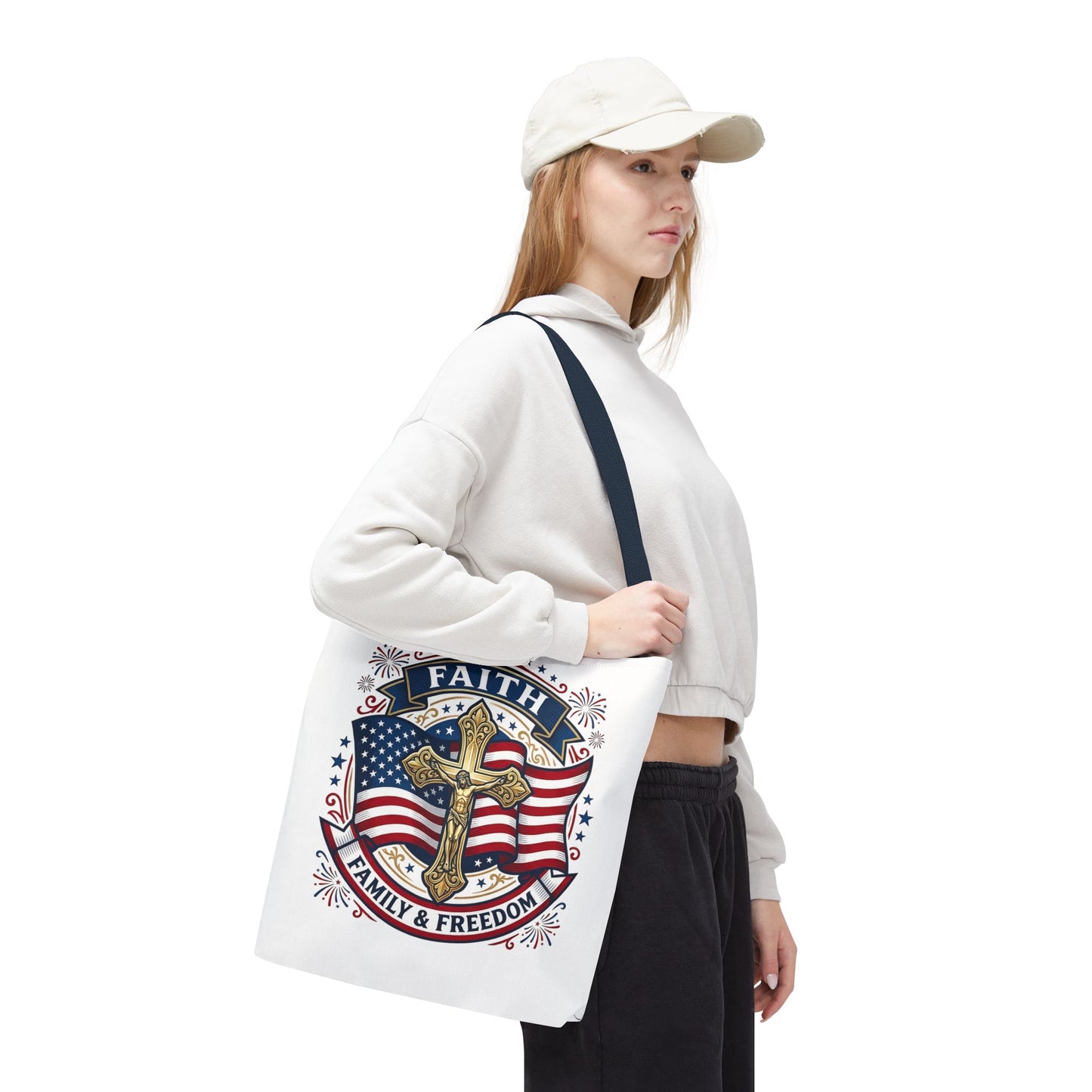 Faith, Family & Freedom Tote Bag — Patriotic Cross American Flag Tote (USA 250th)