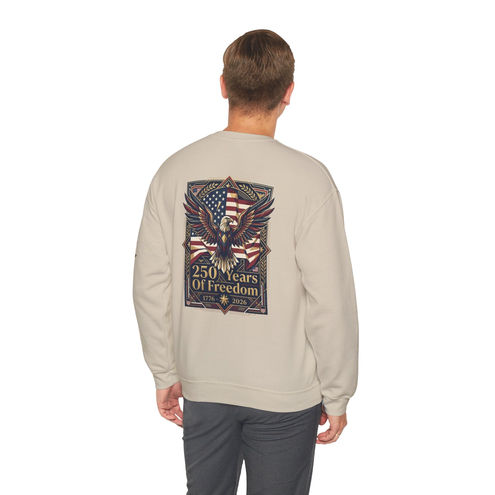 USA 250th ANNIVERSARY Crewneck Sweatshirt , Man wearing a beige sweatshirt with a black panther design on the back, standing against a white background.