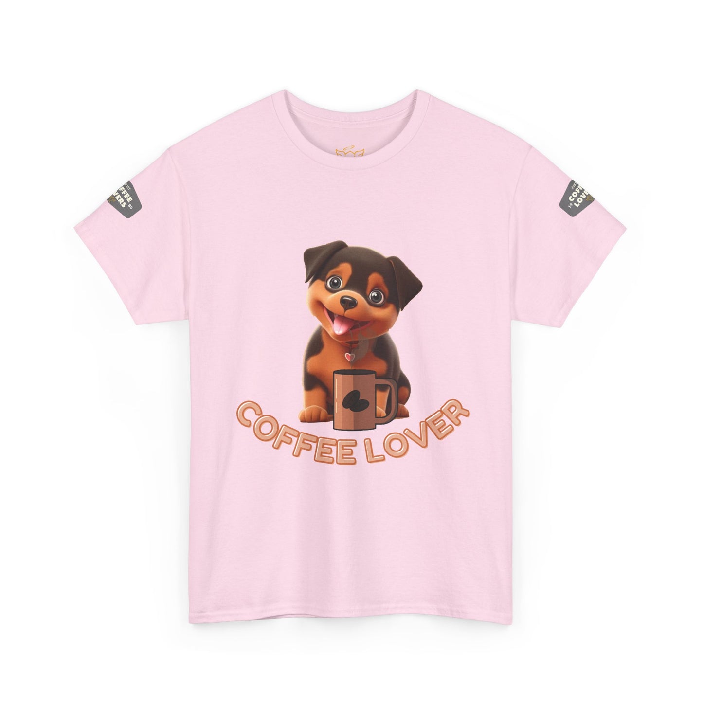 COFFEE LOVERS COTTON TEE for Dog Lovers. Pink t-shirt with a dog graphic and 'Coffee Lover' text on a white background