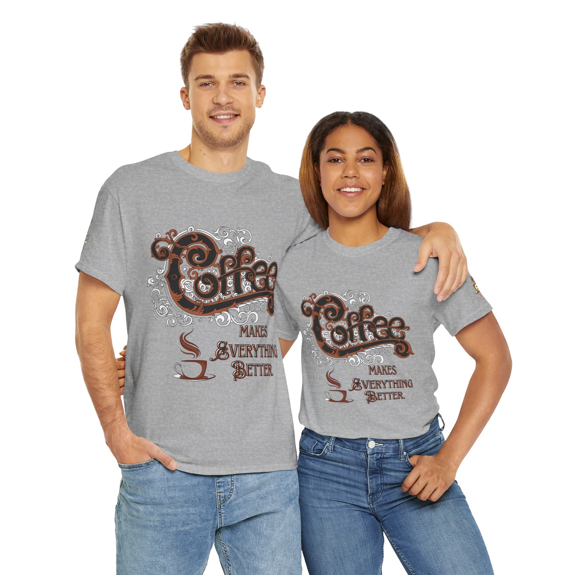 COFFEE LOVERS Cotton Tee - Coffee Makes Everything Better, Two people wearing gray t-shirts with a coffee-themed design on a white background