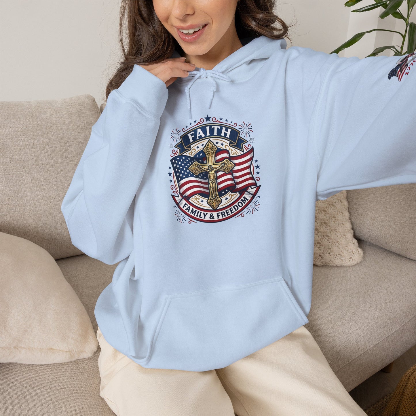 Catholic Faith, Family & Freedom Hoodie - Patriotic American Flag Cross Pullover (USA 250th)