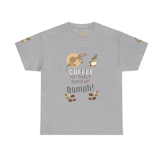 Coffee Lover's Heavy Cotton Unisex T-shirt, Gray t-shirt with coffee-themed graphic and text on a white background