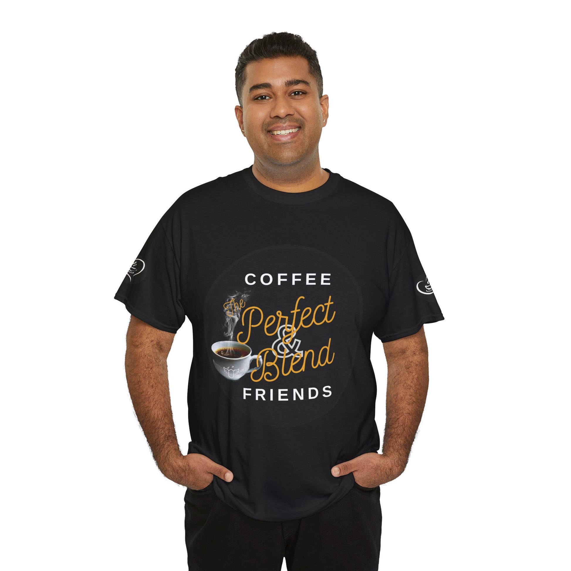 Coffee Lovers Cotton T-shirt, Man wearing a black t-shirt with coffee-themed design on a white background