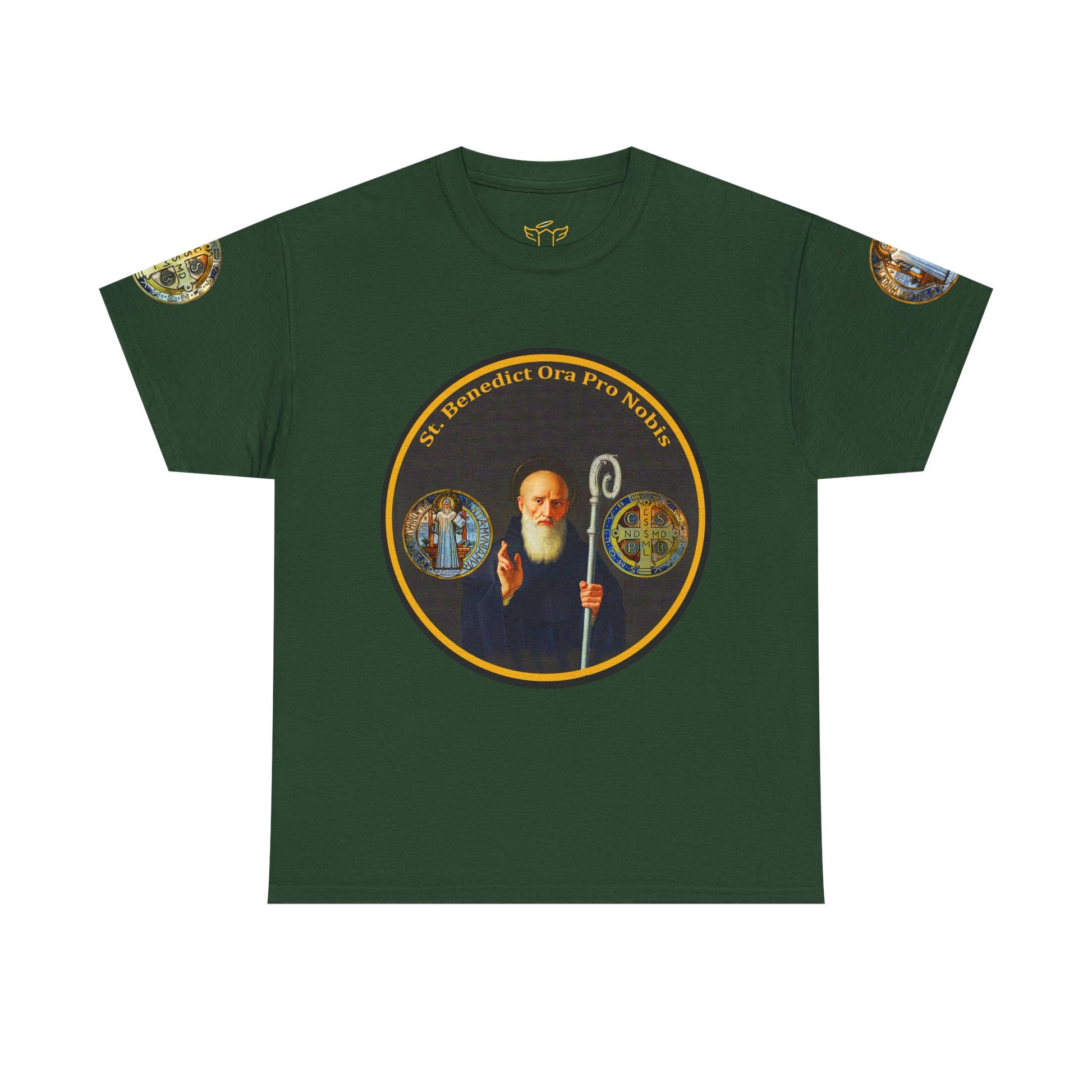 Saint Benedict Medal Unisex T-shirt, Green t-shirt with a circular design featuring a religious figure and text on a white background