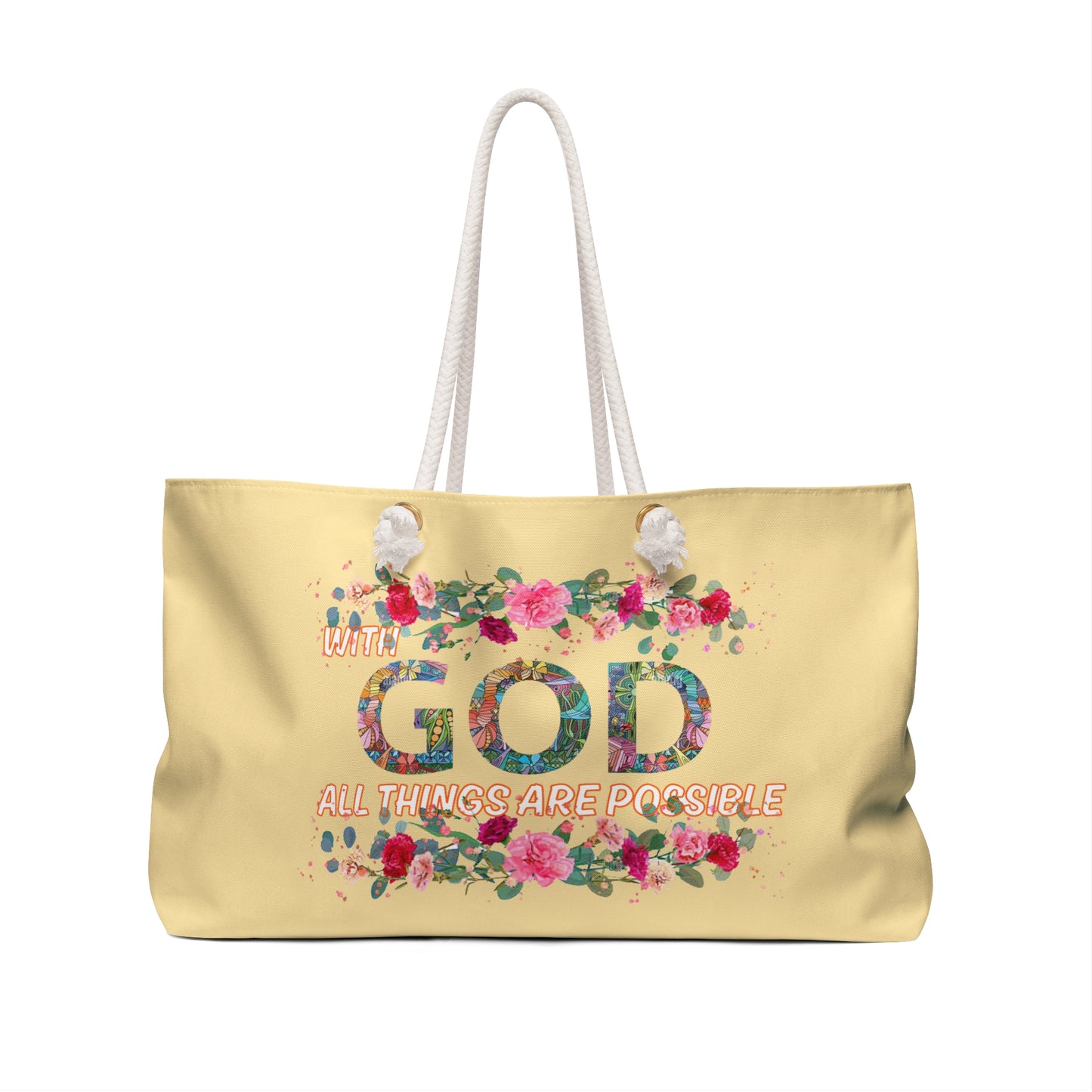 Beige tote bag with floral design and motivational quote on a white background