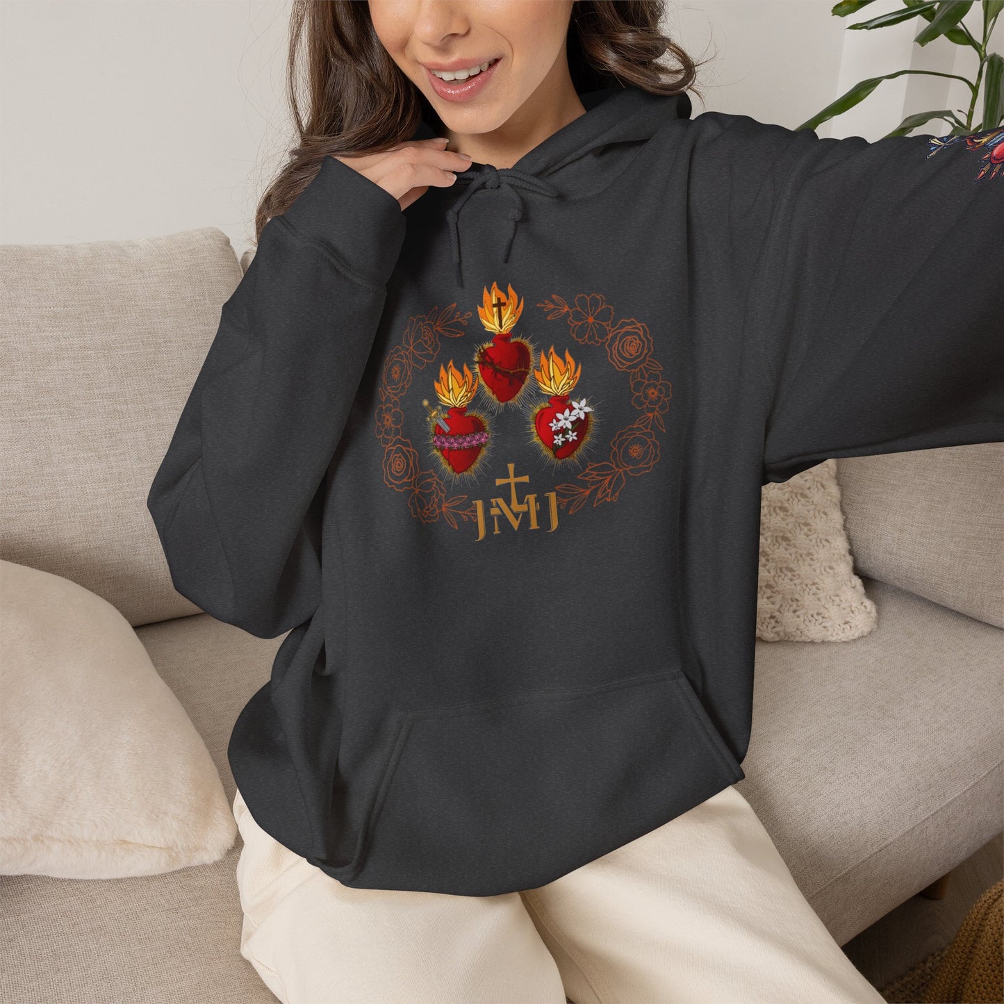 Sacred Hearts Hoodie — Three Flaming Hearts J.M.J. Devotional Sweatshirt (CT)