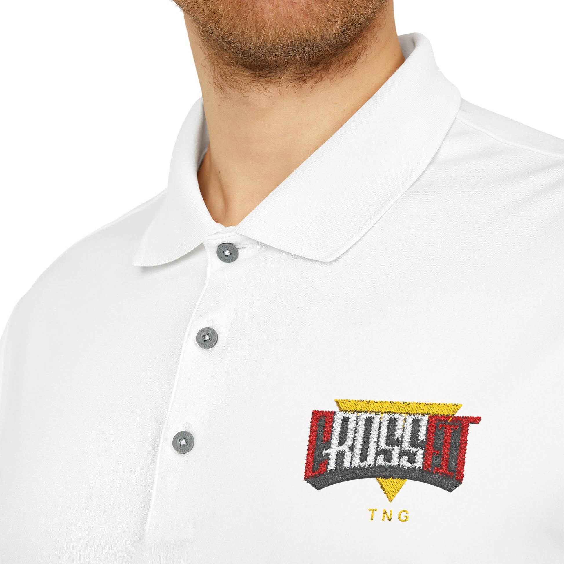 Adidas Sports Polo Shirt for CrossFit Enthusiasts, White polo shirt with a colorful logo on the chest against a white background