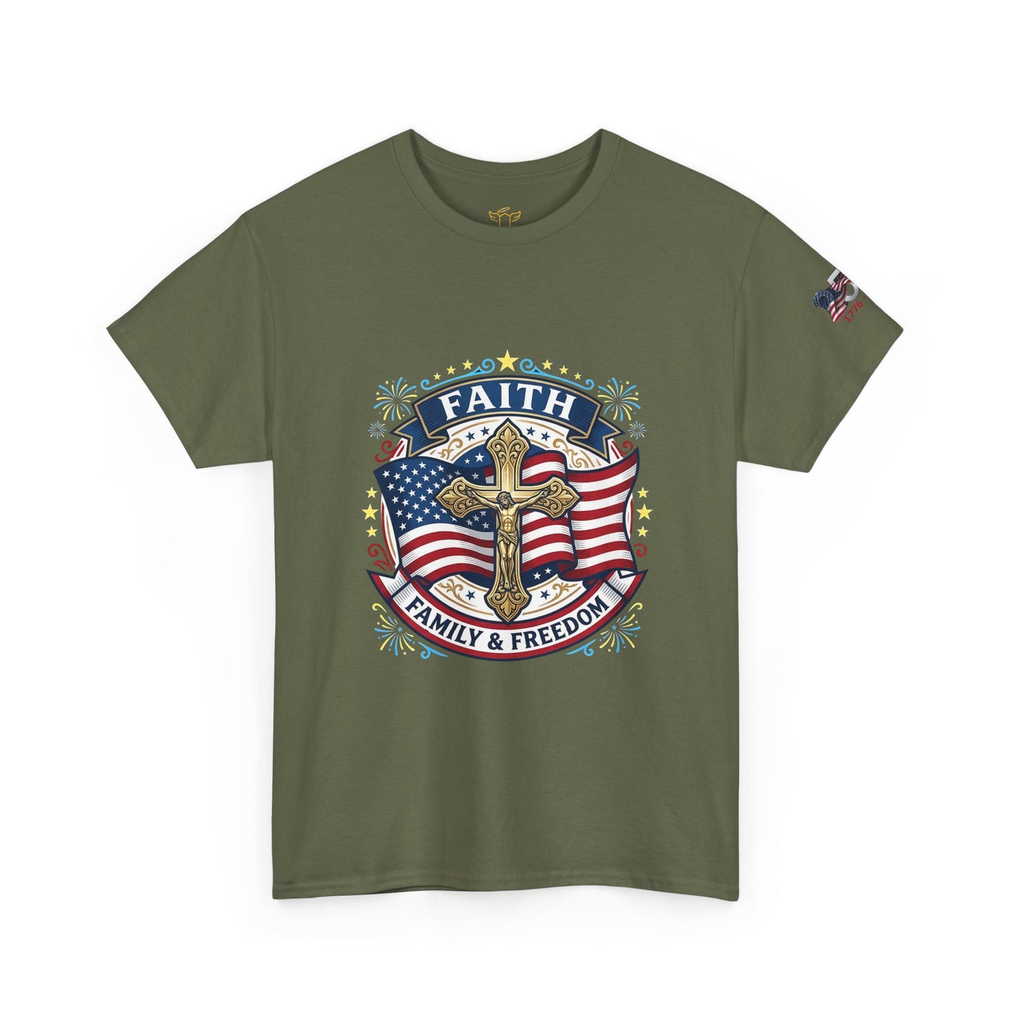 Catholic Faith Family & Freedom T-Shirt — American Flag Cross Patriotic T-shirt (USA 250th)