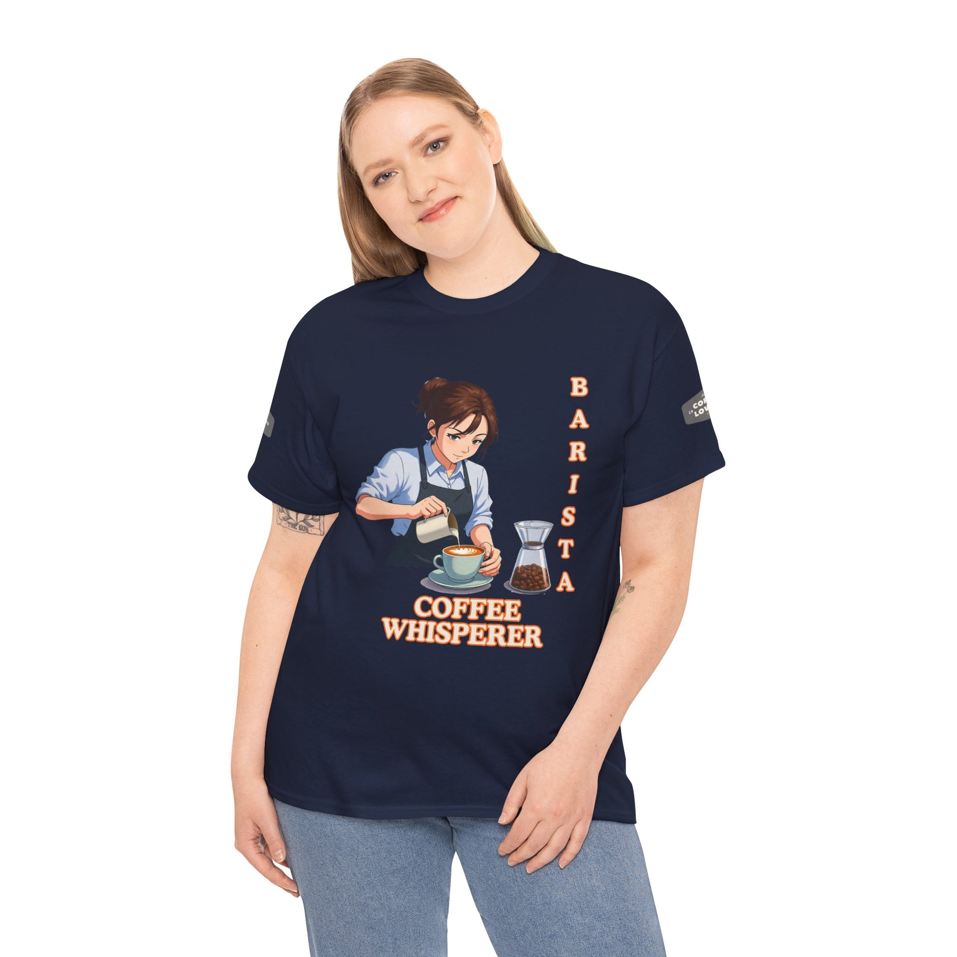 Coffee Lovers Cotton Tee for Female Barista, Person wearing a navy blue t-shirt with a barista graphic and text on a white background