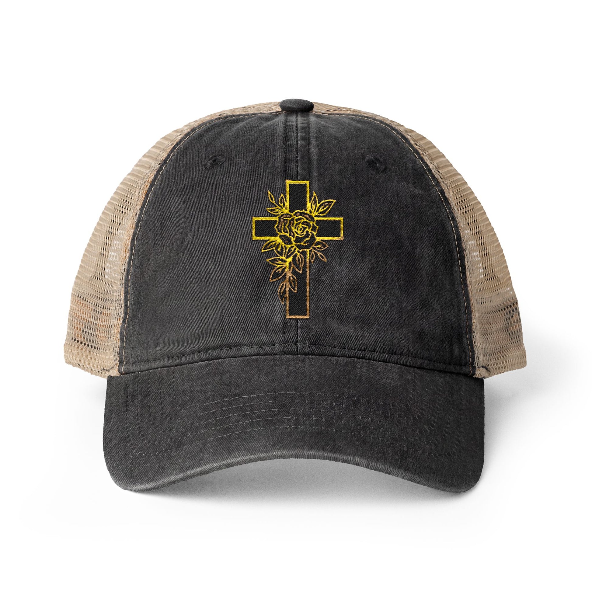Black and beige cap with Embroidered Cross logo on front of cap