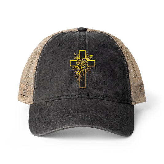 Black and beige cap with Embroidered Cross logo on front of cap