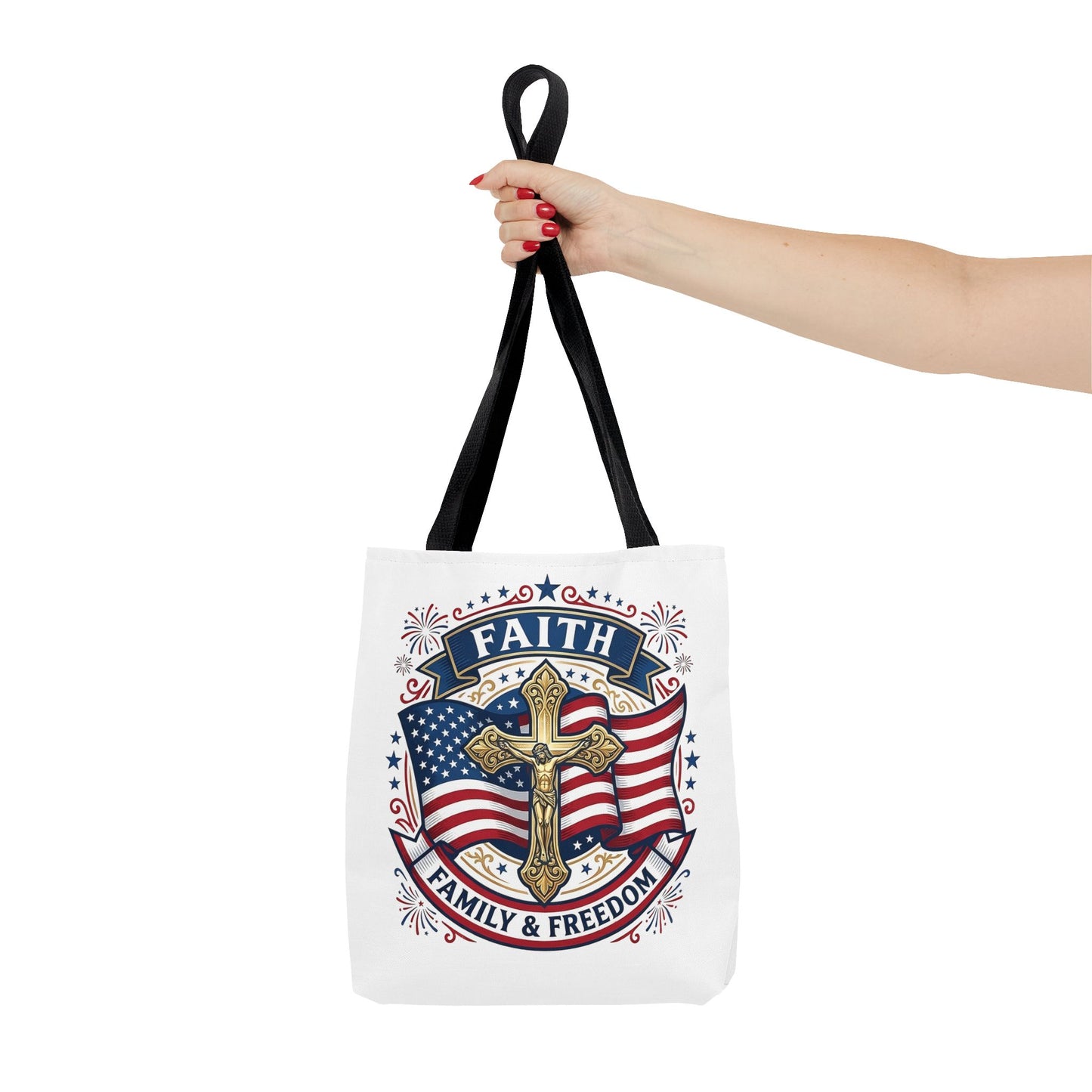 Faith, Family & Freedom Tote Bag — Patriotic Cross American Flag Tote (USA 250th)