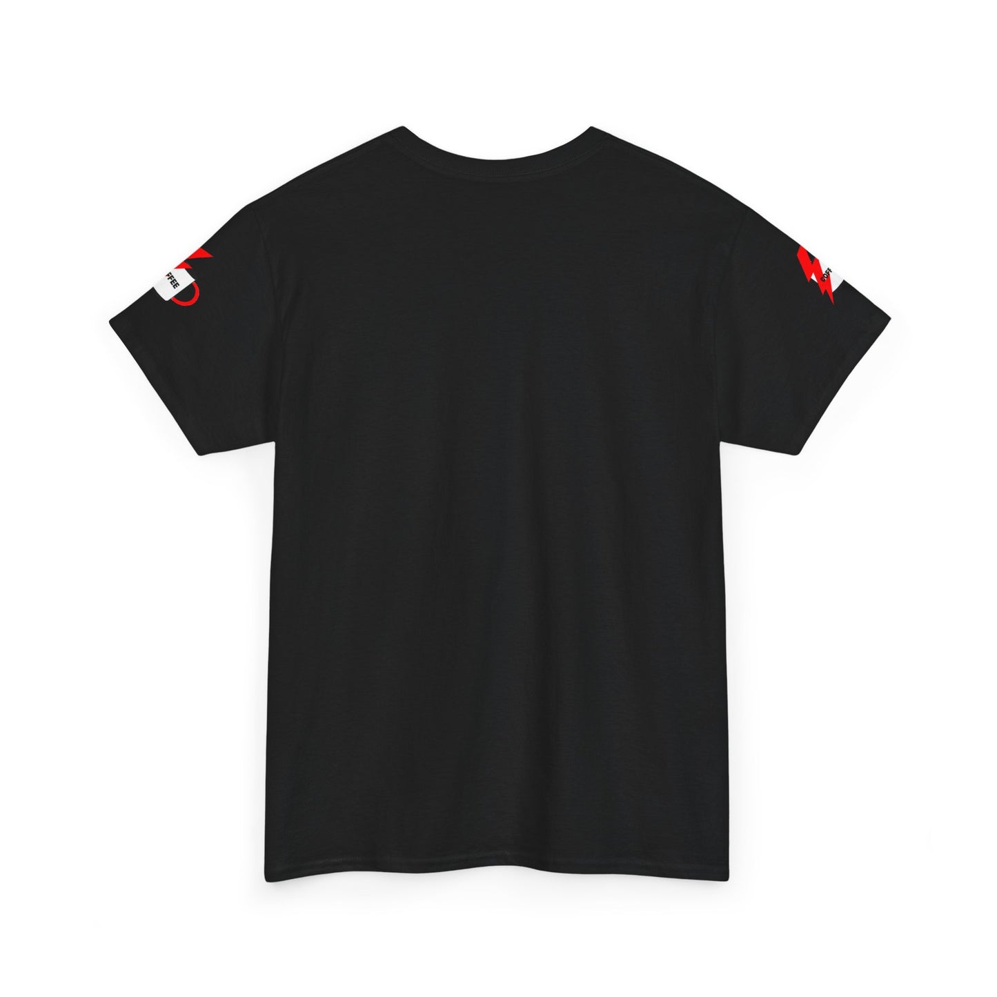 Coffee Lovers Cotton T-shirt - Powered by Coffee. Black t-shirt with red accents on a white background