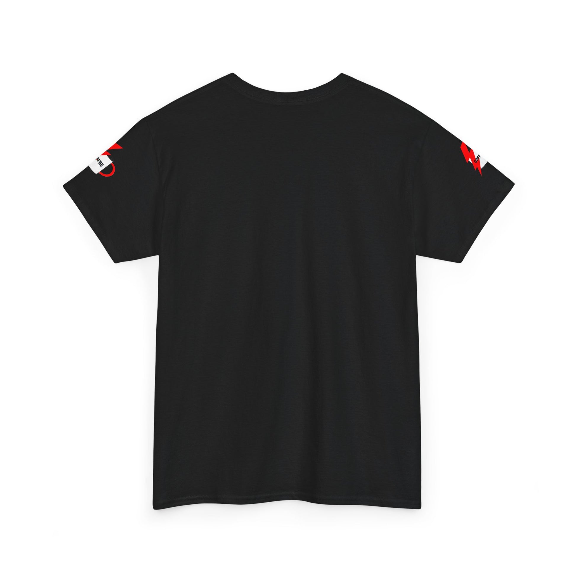 Coffee Lovers Cotton T-shirt - Powered by Coffee. Black t-shirt with red accents on a white background