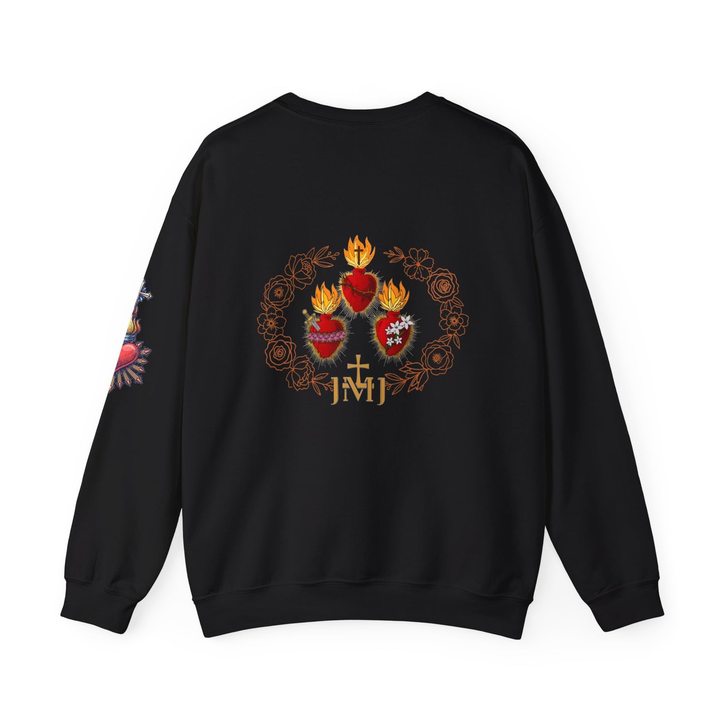 Sacred Hearts Crewneck Sweatshirt — Three Flaming Hearts with JMJ Cross (CT)