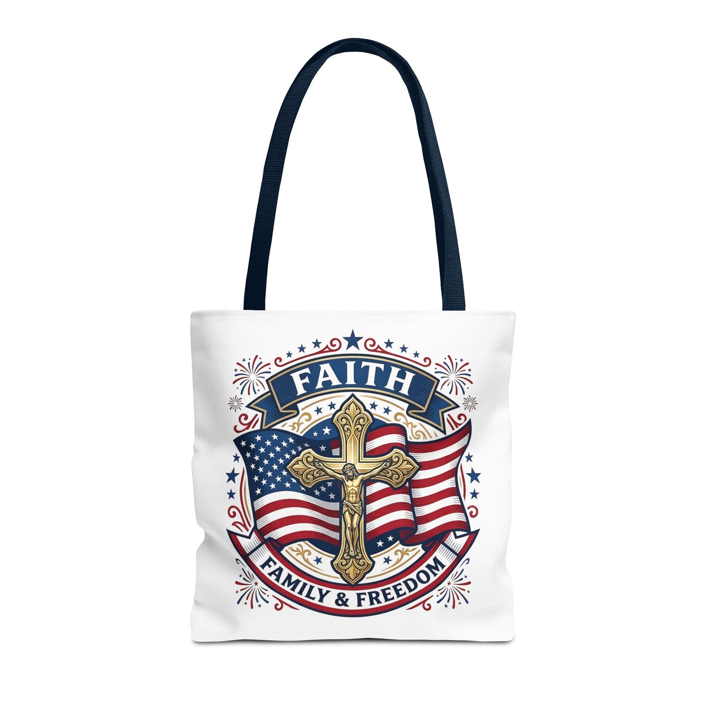 Faith, Family & Freedom Tote Bag — Patriotic Cross American Flag Tote (USA 250th)