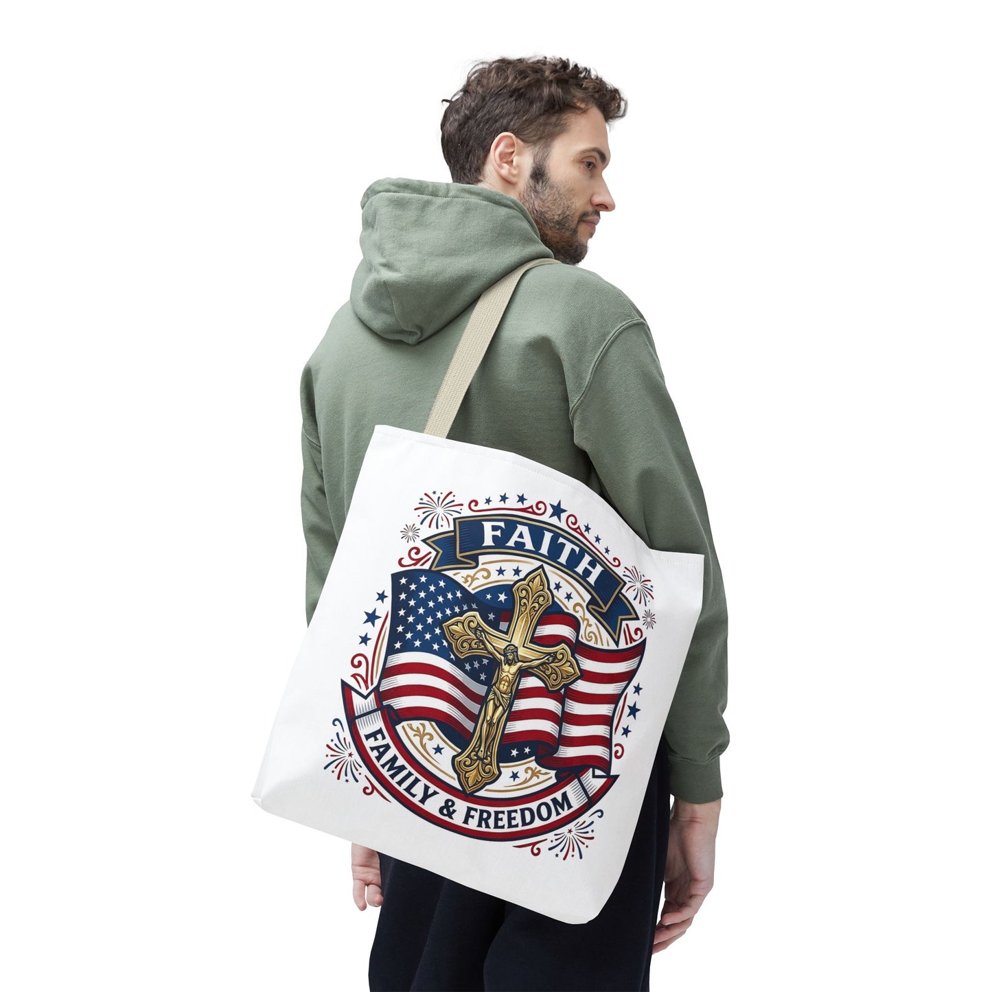 Faith, Family & Freedom Tote Bag — Patriotic Cross American Flag Tote (USA 250th)