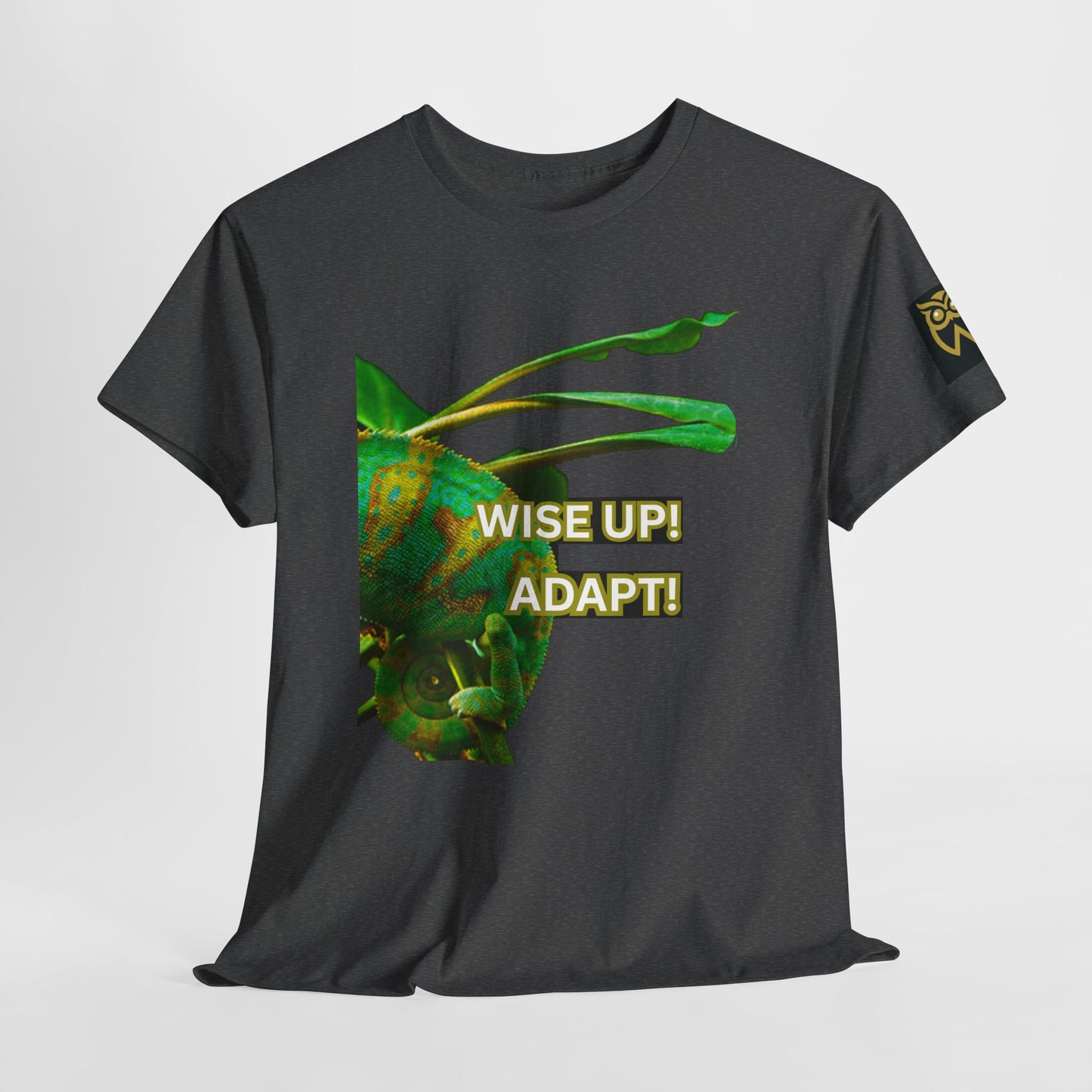 Wise Up Adapt! Motivational T-shirt — 'Wise Up! Stay Sharp!' Graphic Novelty Tee, Black t-shirt with a graphic design and text 'WISE UP! ADAPT!' on a white background