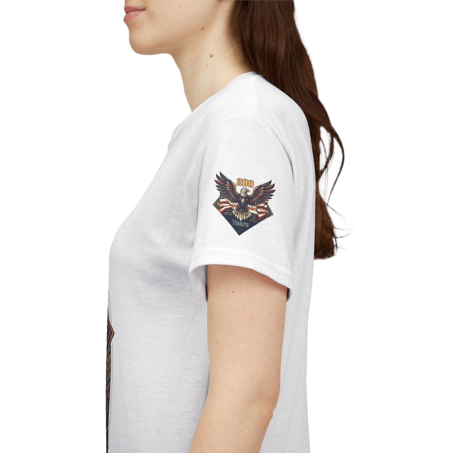 250 Years of Freedom Eagle T-Shirt, White t-shirt with eagle emblem on sleeve worn by a person