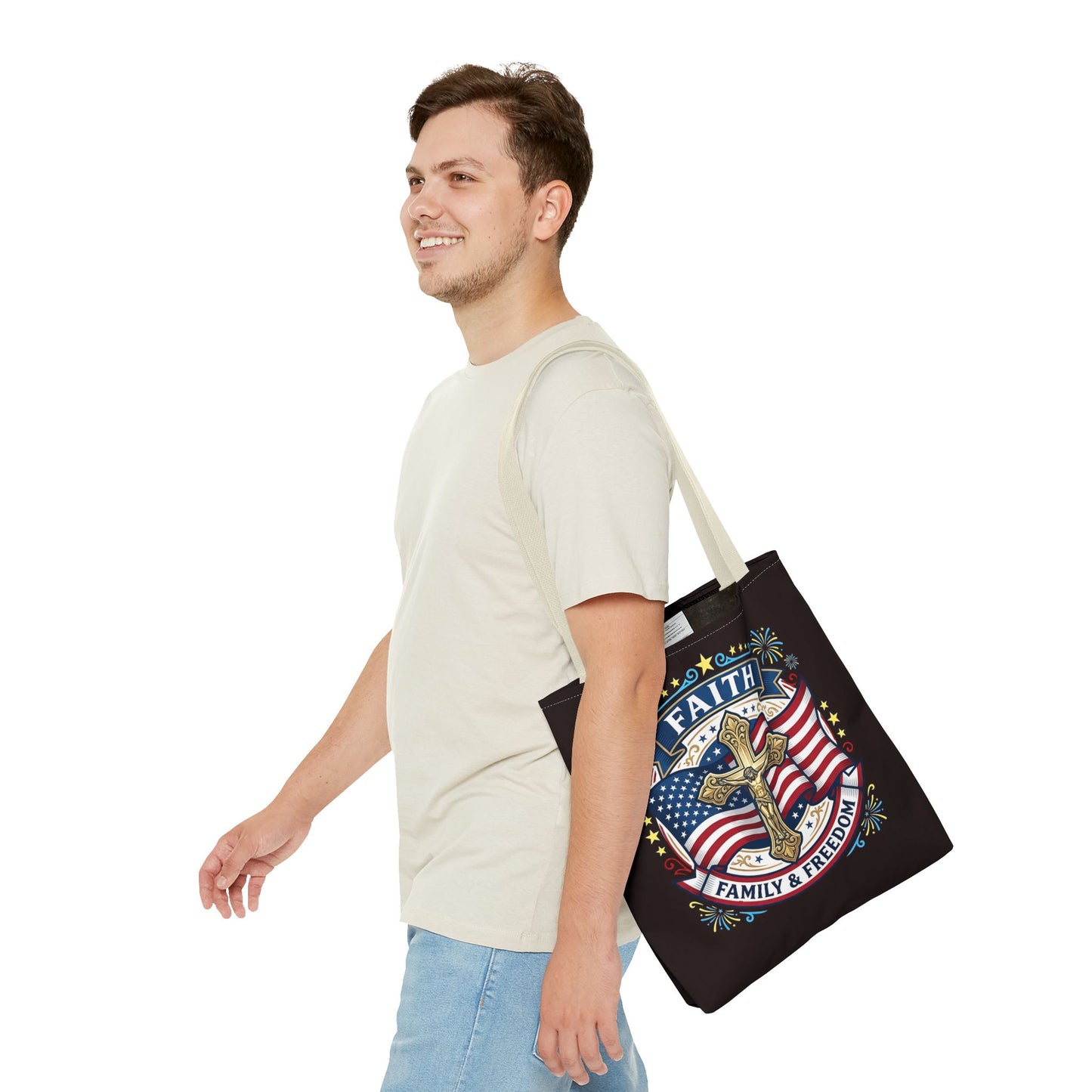 Faith, Family & Freedom Cross Bag — Patriotic American Flag Canvas Tote (USA 250th)