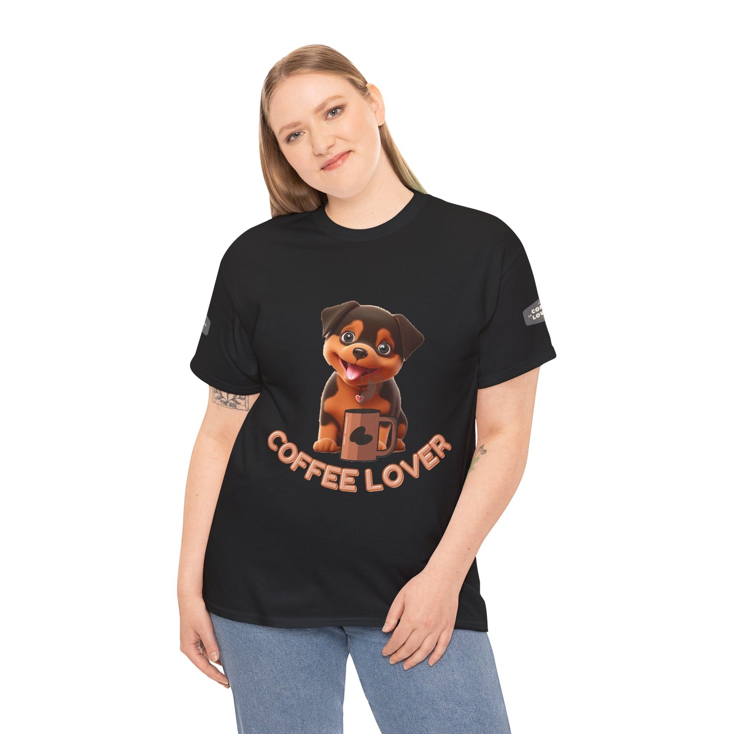 COFFEE LOVERS COTTON TEE for Dog Lovers. Person wearing a black t-shirt with a dog graphic and 'Coffee Lover' text on a white background