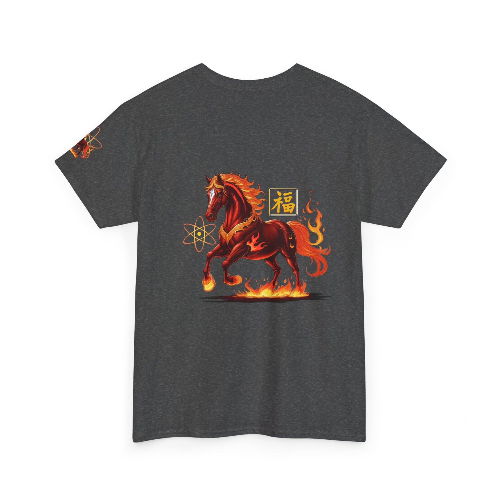 Lunar New Year Fiery Horse Novelty T-Shirt, Gray t-shirt with a fiery horse design on the back against a white background