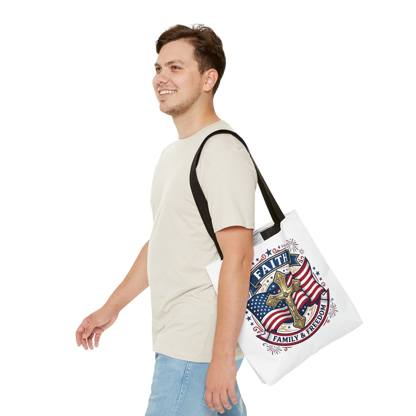 Faith, Family & Freedom Tote Bag — Patriotic Cross American Flag Tote (USA 250th)