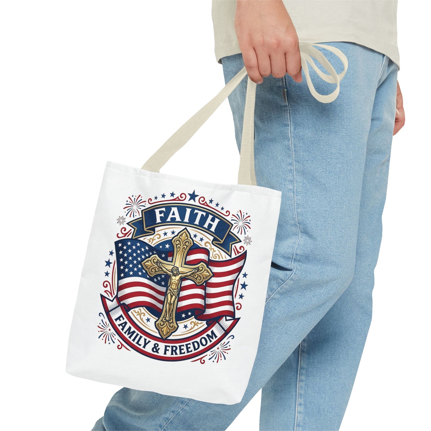 Faith, Family & Freedom Tote Bag — Patriotic Cross American Flag Tote (USA 250th)