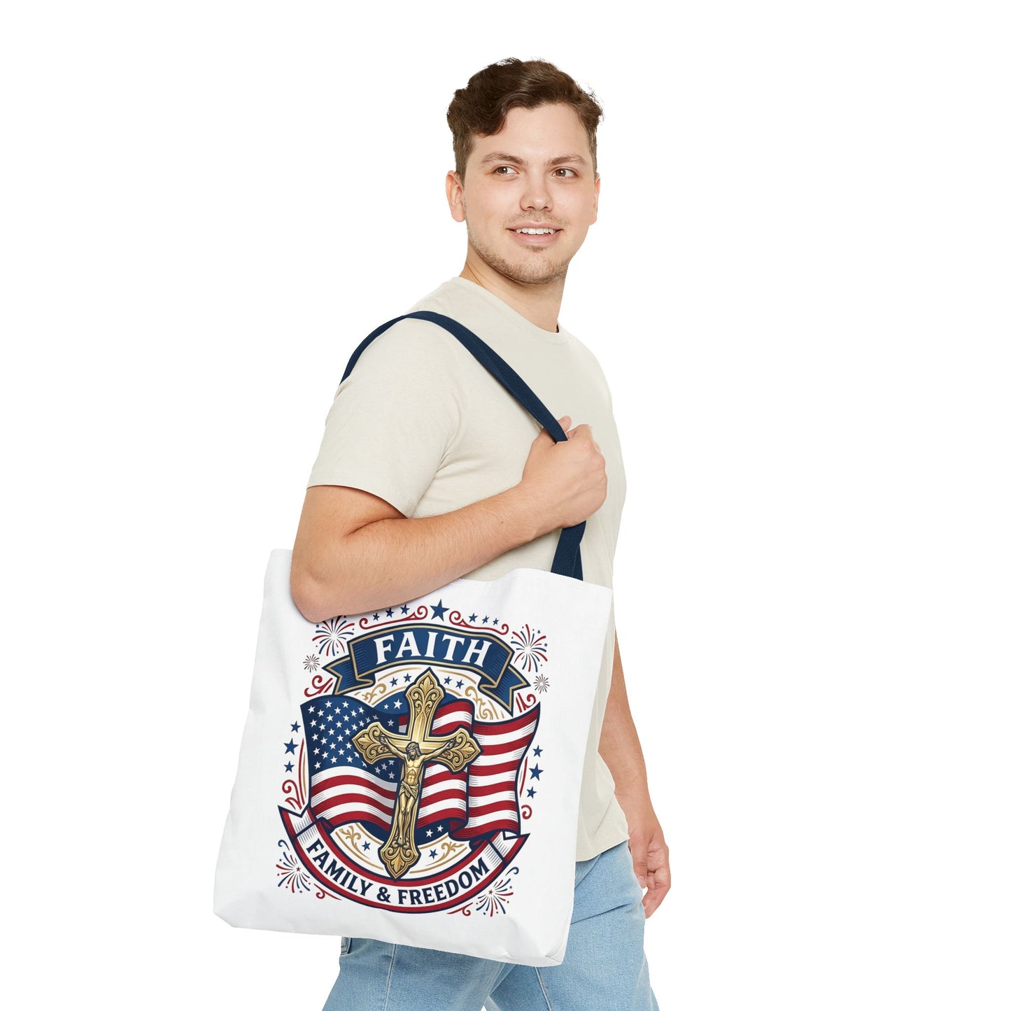 Faith, Family & Freedom Tote Bag — Patriotic Cross American Flag Tote (USA 250th)
