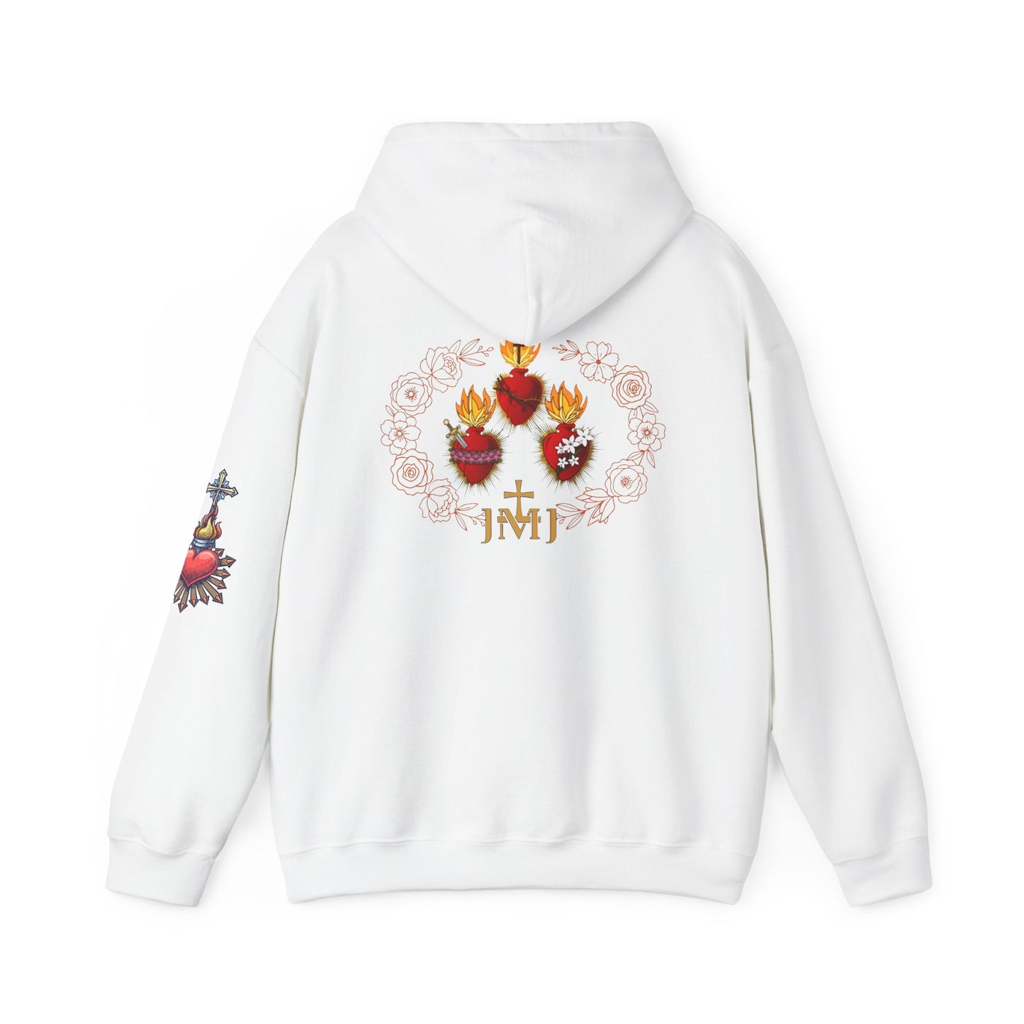 Sacred Hearts Hoodie — Three Flaming Hearts J.M.J. Devotional Sweatshirt (CT)