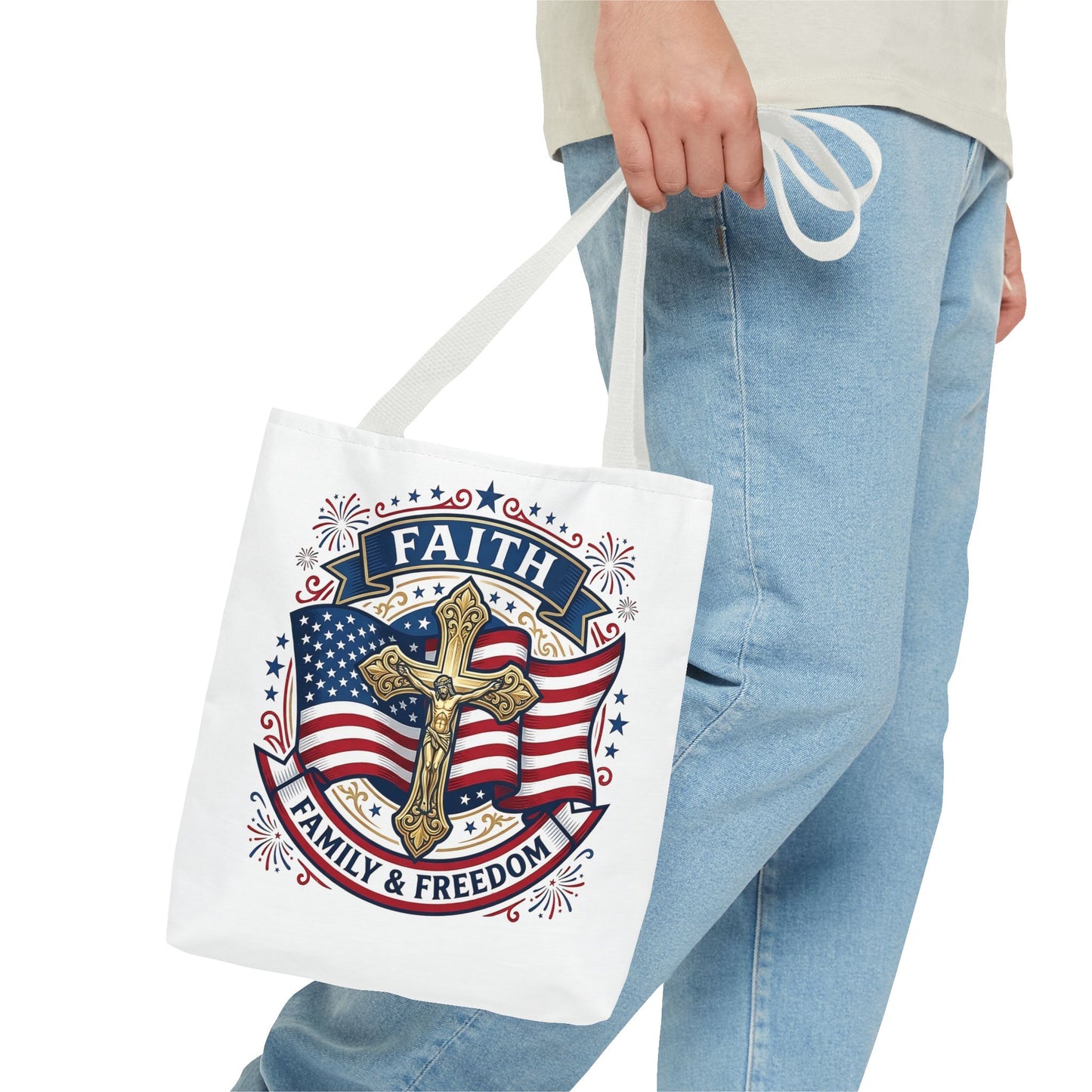 Faith, Family & Freedom Tote Bag — Patriotic Cross American Flag Tote (USA 250th)