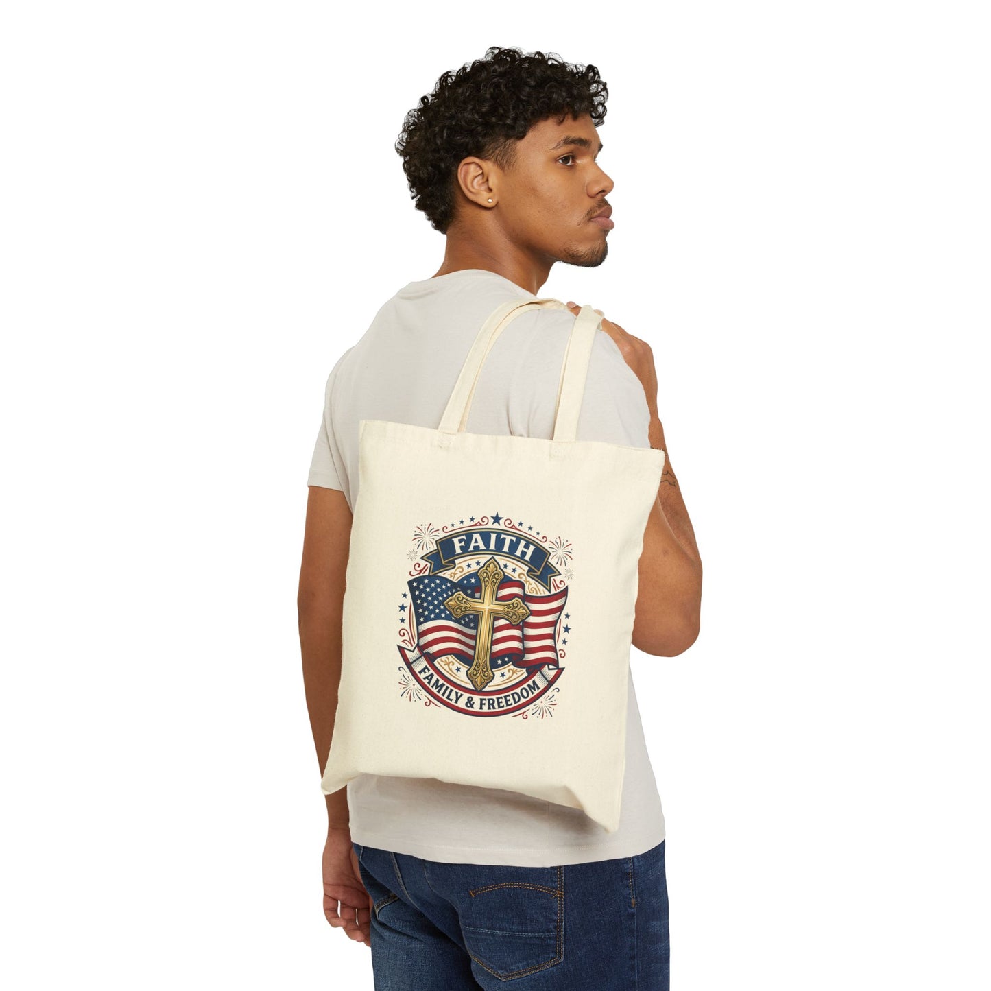 USA 250TH Faith & Freedom Cross Tote | Patriotic, Faith-Based July 4th, Vintage Americana