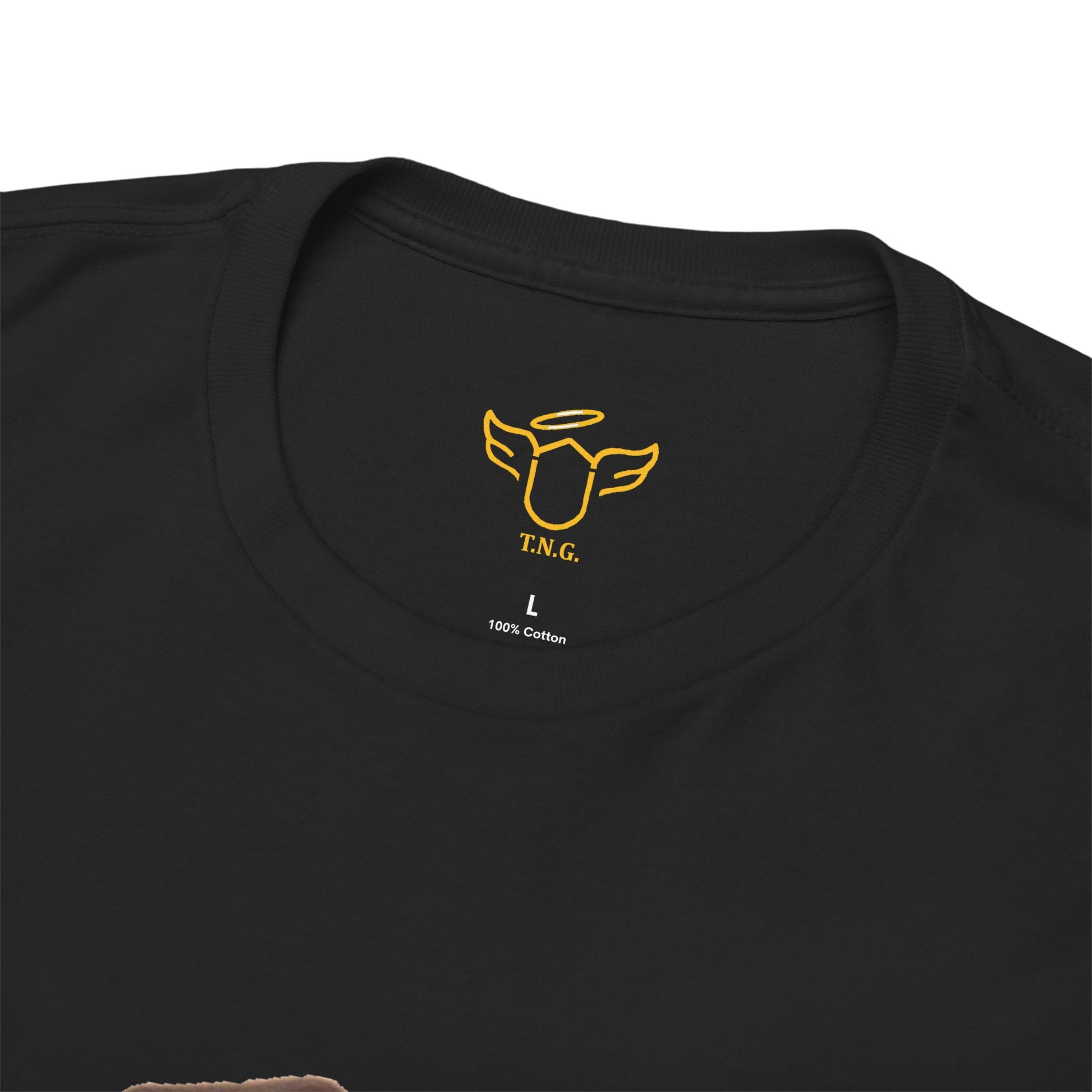 Black t-shirt with a yellow logo and text on a white background