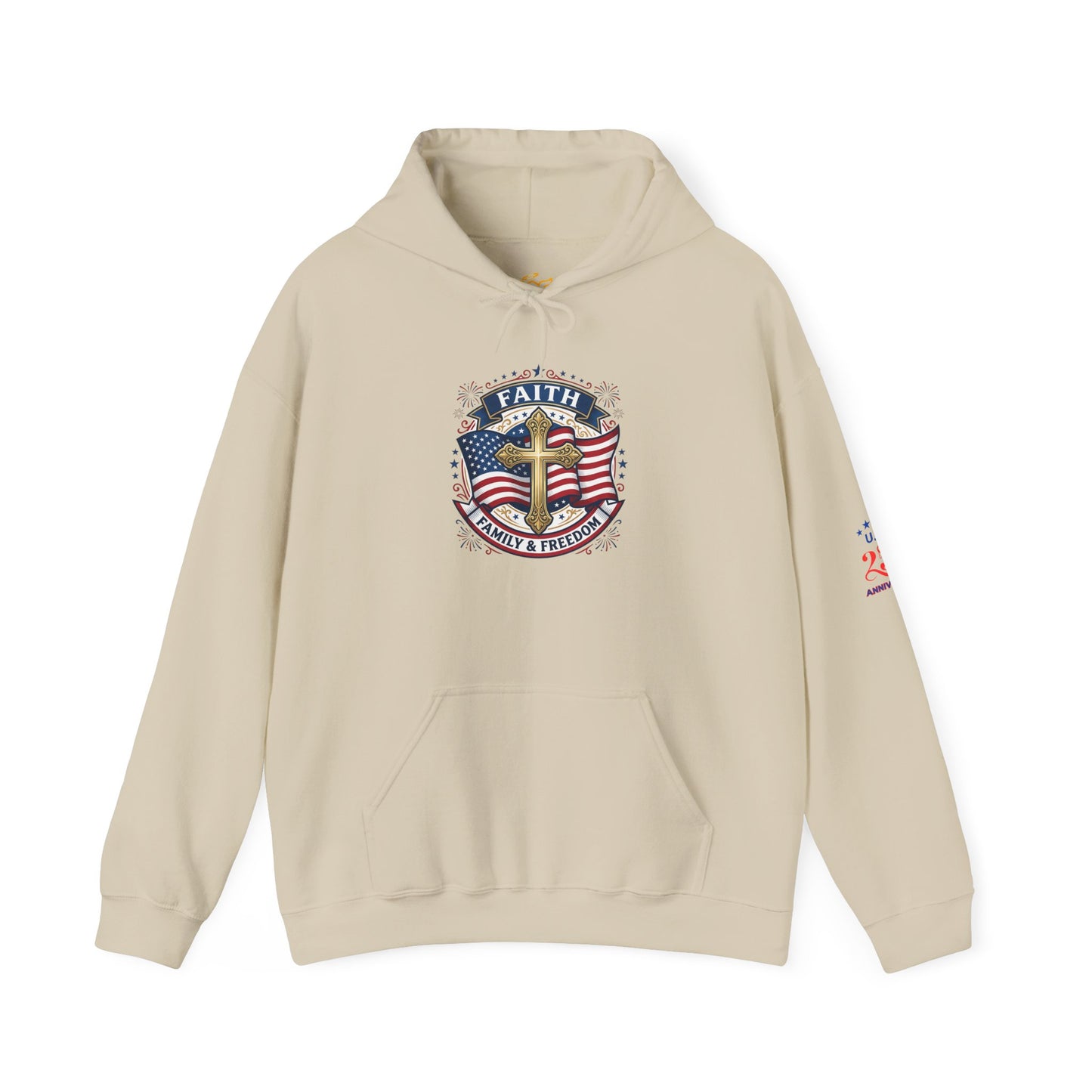 Faith, Family & Freedom Hoodie — Patriotic Cross American Flag Sweatshirt (USA 250th)