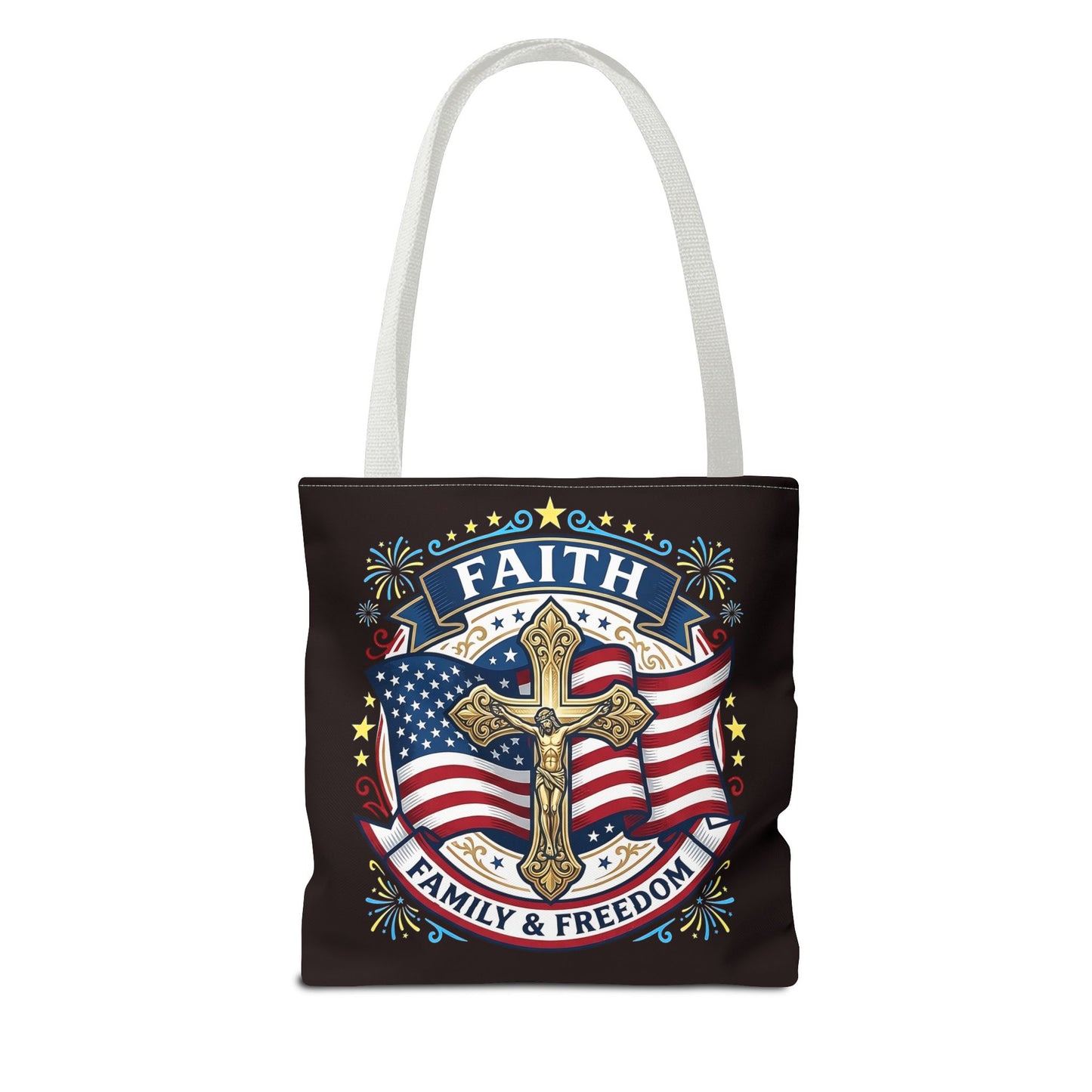 Faith, Family & Freedom Cross Bag — Patriotic American Flag Canvas Tote (USA 250th)