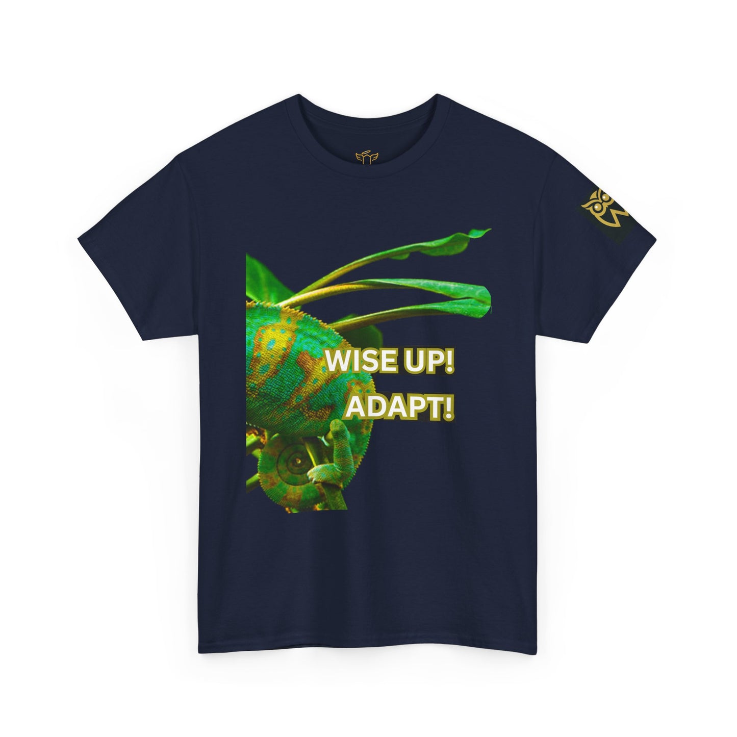 Wise Up Adapt! Motivational T-shirt — 'Wise Up! Stay Sharp!' Graphic Novelty Tee, Navy blue t-shirt with a green insect graphic and 'WISE UP! ADAPT!' text on a white background