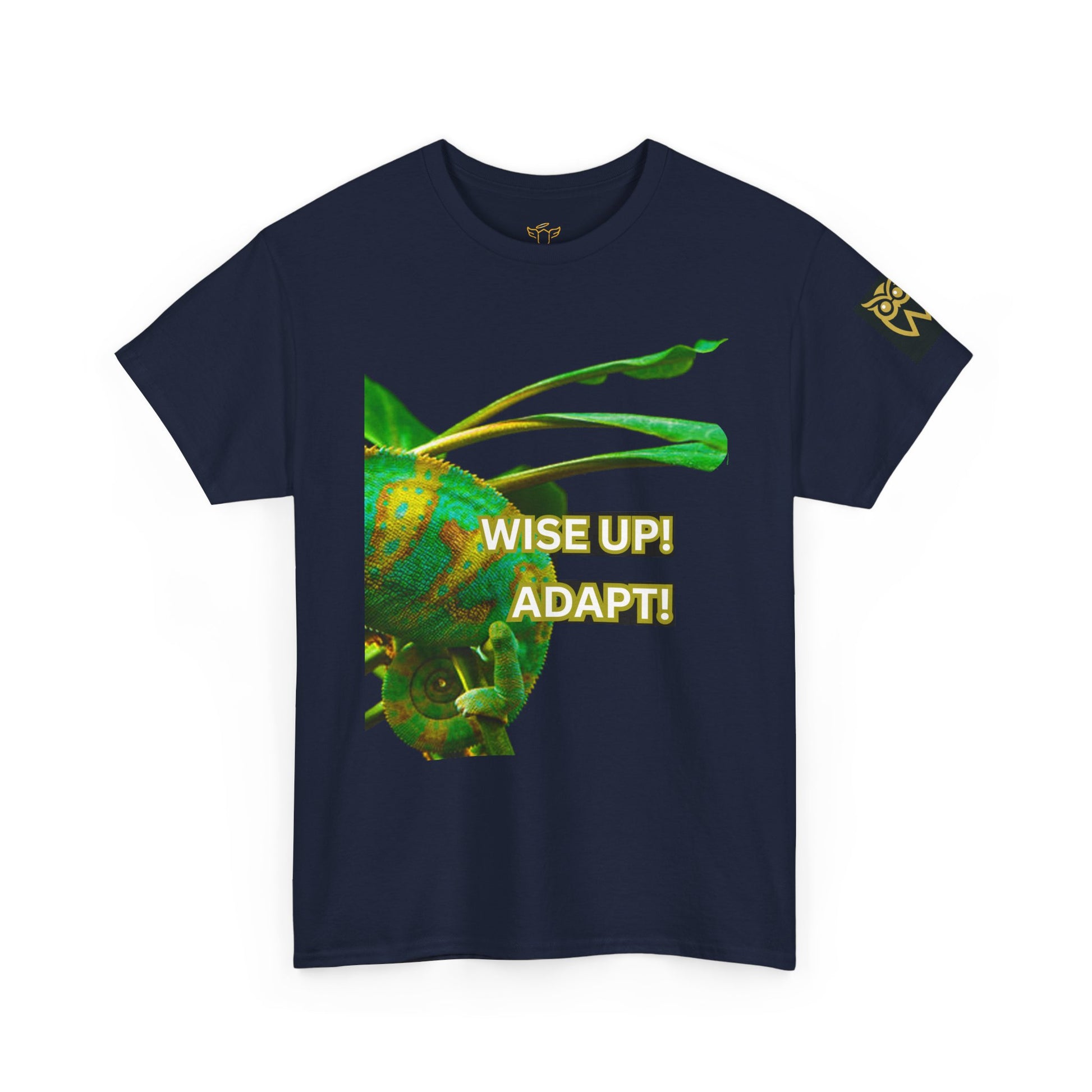 Wise Up Adapt! Motivational T-shirt — 'Wise Up! Stay Sharp!' Graphic Novelty Tee, Navy blue t-shirt with a green insect graphic and 'WISE UP! ADAPT!' text on a white background