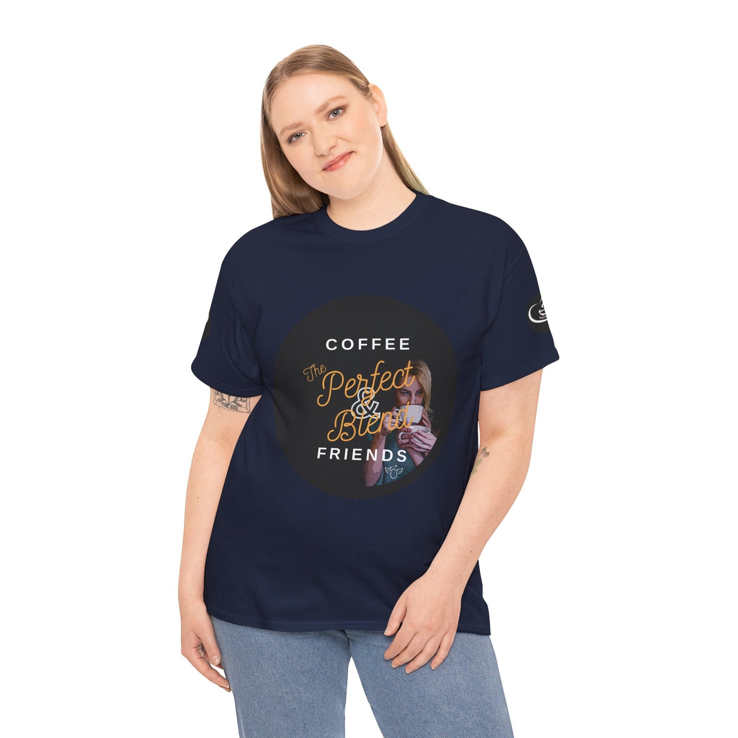 Coffee Lovers Ladies Tee - COFFEE and FRIENDS the Perfect Blend, Person wearing a navy blue t-shirt with a graphic design on a white background
