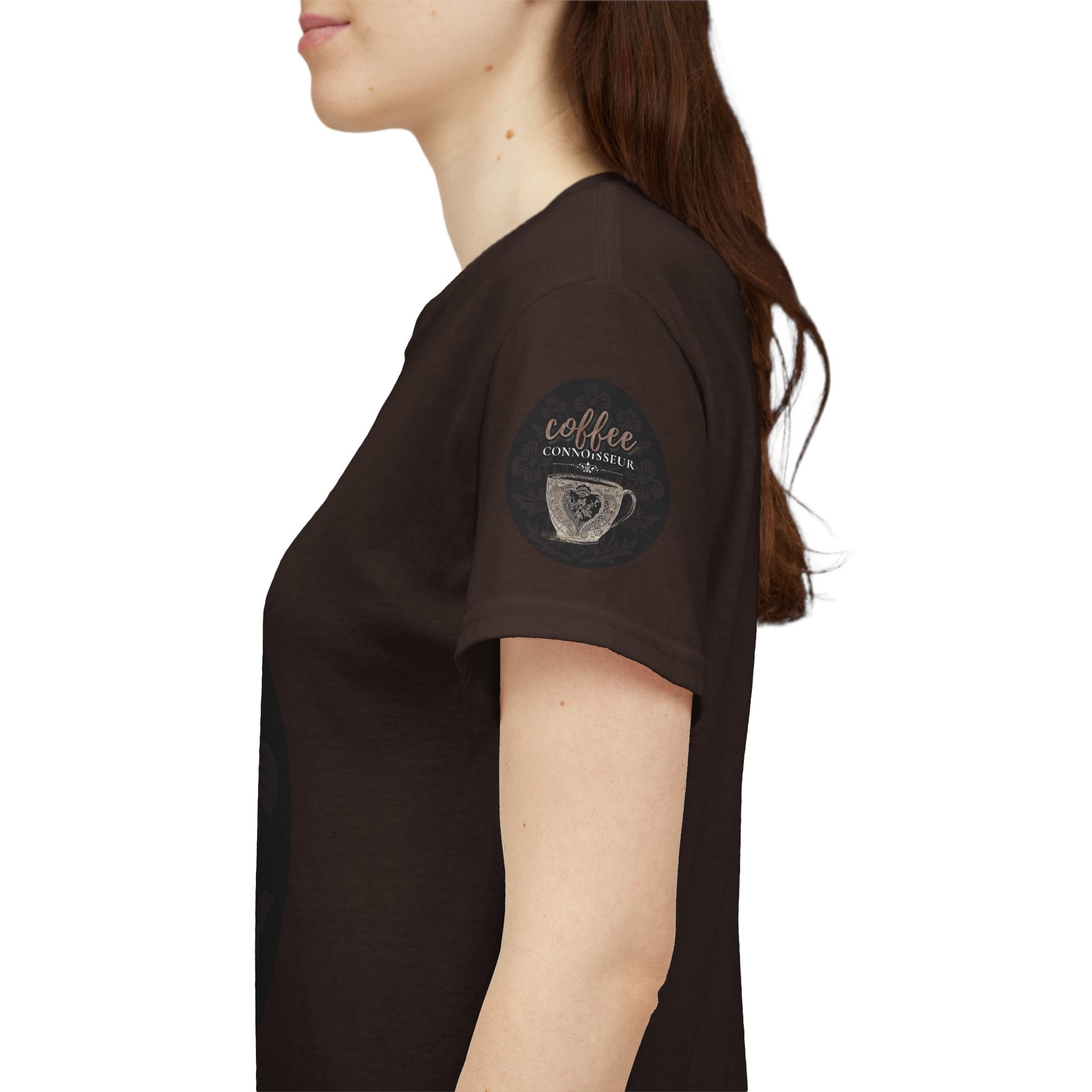 COFFEE LOVERS COTTON TEES For Connoisseurs, Person wearing a brown t-shirt with a coffee-themed design on the sleeve.