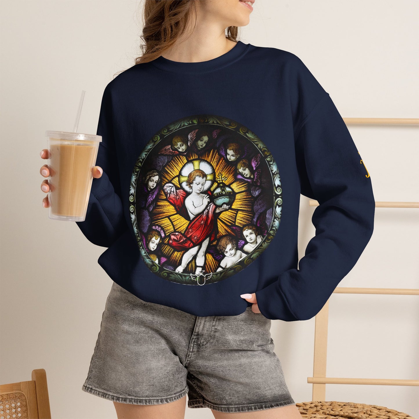 Catholic Stained Glass Designed Baby Jesus  Sweatshirt (CT)