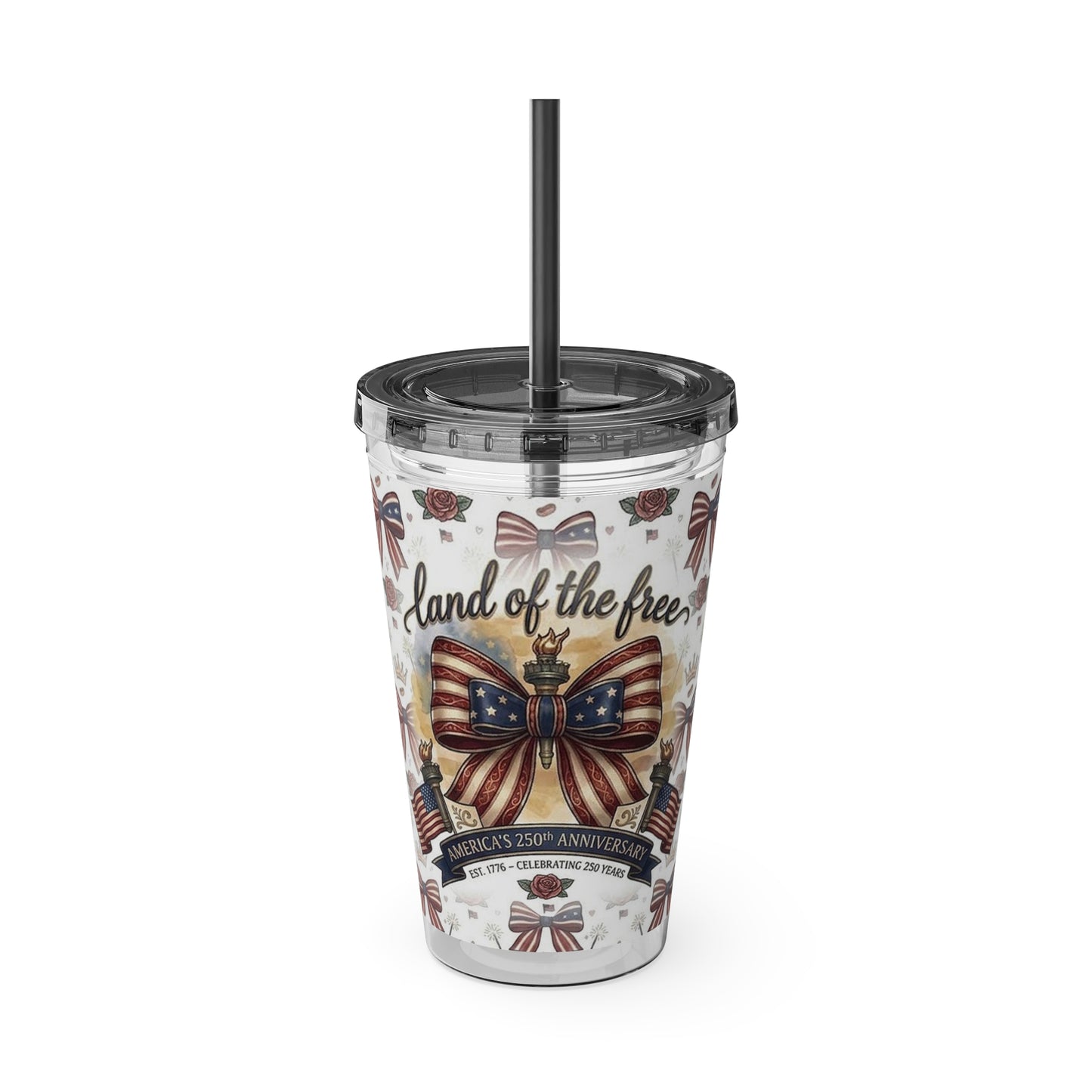 USA 250th ANNIVERSARY 16oz Tumbler with Straw | Patriotic 'Land of the Free' 16oz Tumbler with Straw - Trending Novelties & Gifts