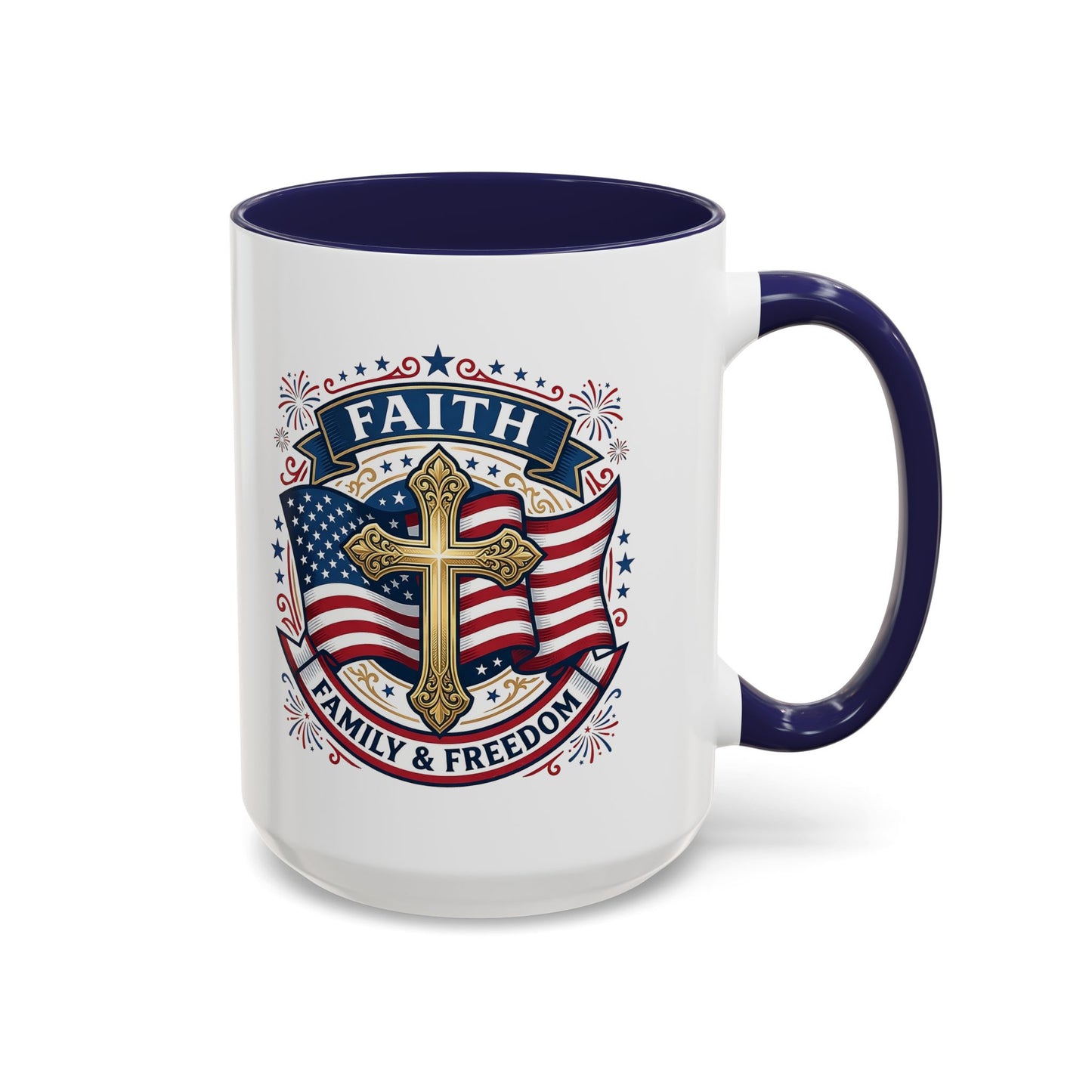 Faith, Family & Freedom Accent Coffee Mug — Patriotic Cross Mug  (USA 250th)